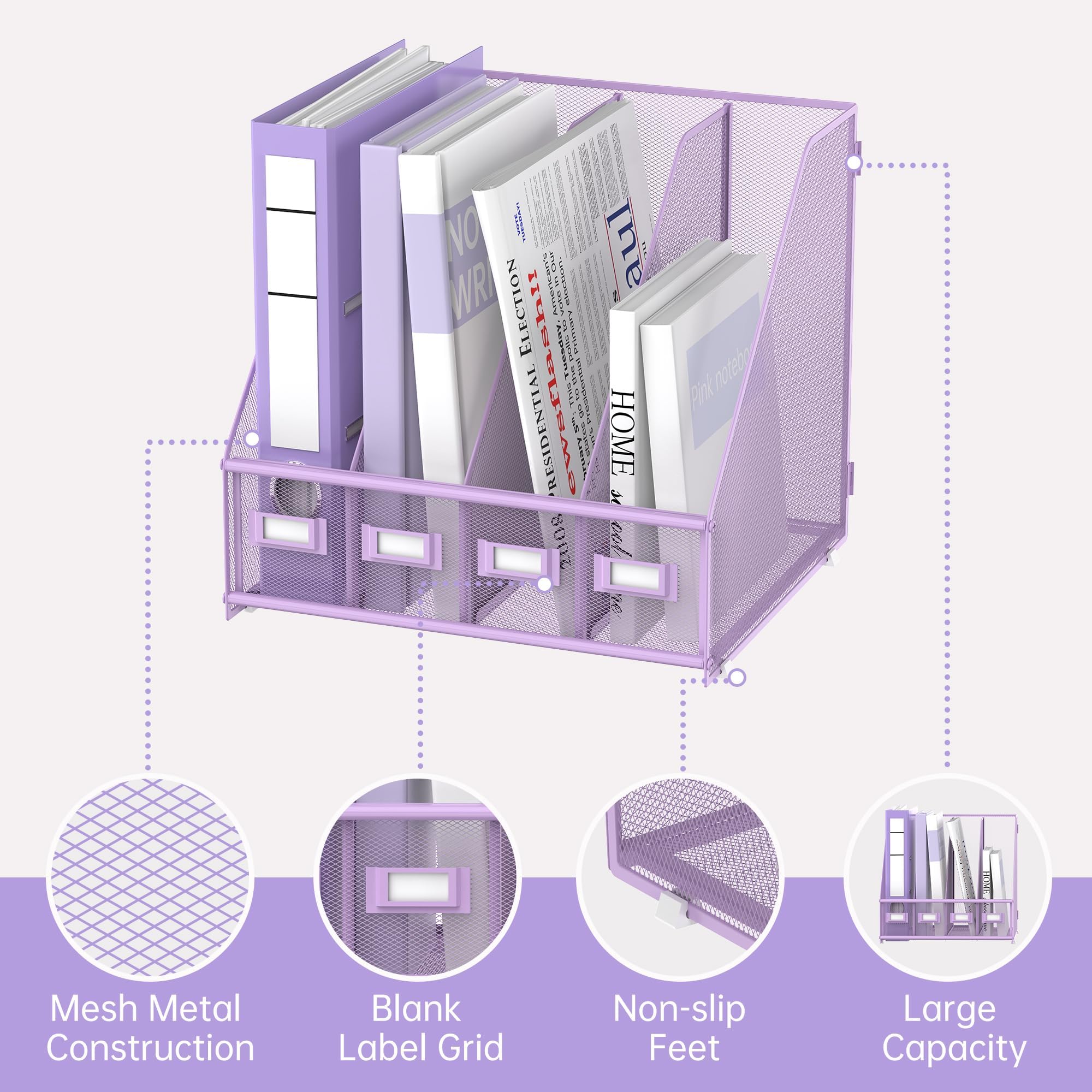 SUPEASY Magazin Datei Halter Schreibtisch Organizer, Metall Binder Halter mit 4 vertikalen Fächern für Büro Home School, Lila