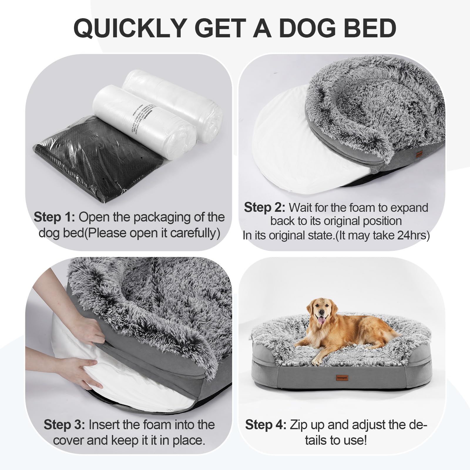 iweepet Camas ortopédicas esponjosas y calmantes para perros grandes y extragrandes, sofá cama de apoyo para perros con espuma 28D de 3.7 pulgadas, funda de felpa extraíble lavable, forro impermeable