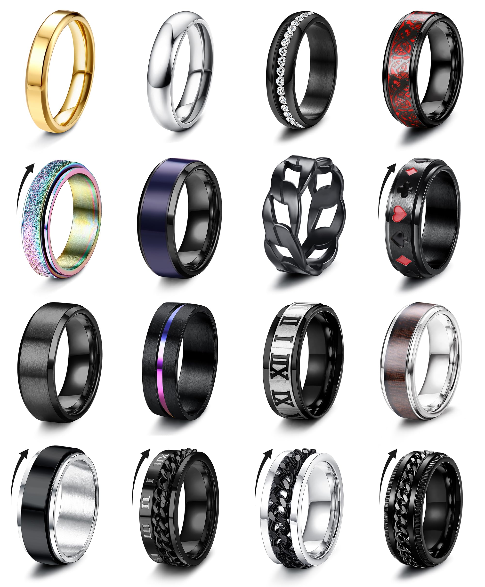 FIOROYAL16 Piezas Anillos Hombre Acero Inoxidable Anillo Ansiedad Anillos Vintage Celtas Anillo Cadena Giratorio Anillos Alianzas Boda Anillo Compromiso para Hombre Negro