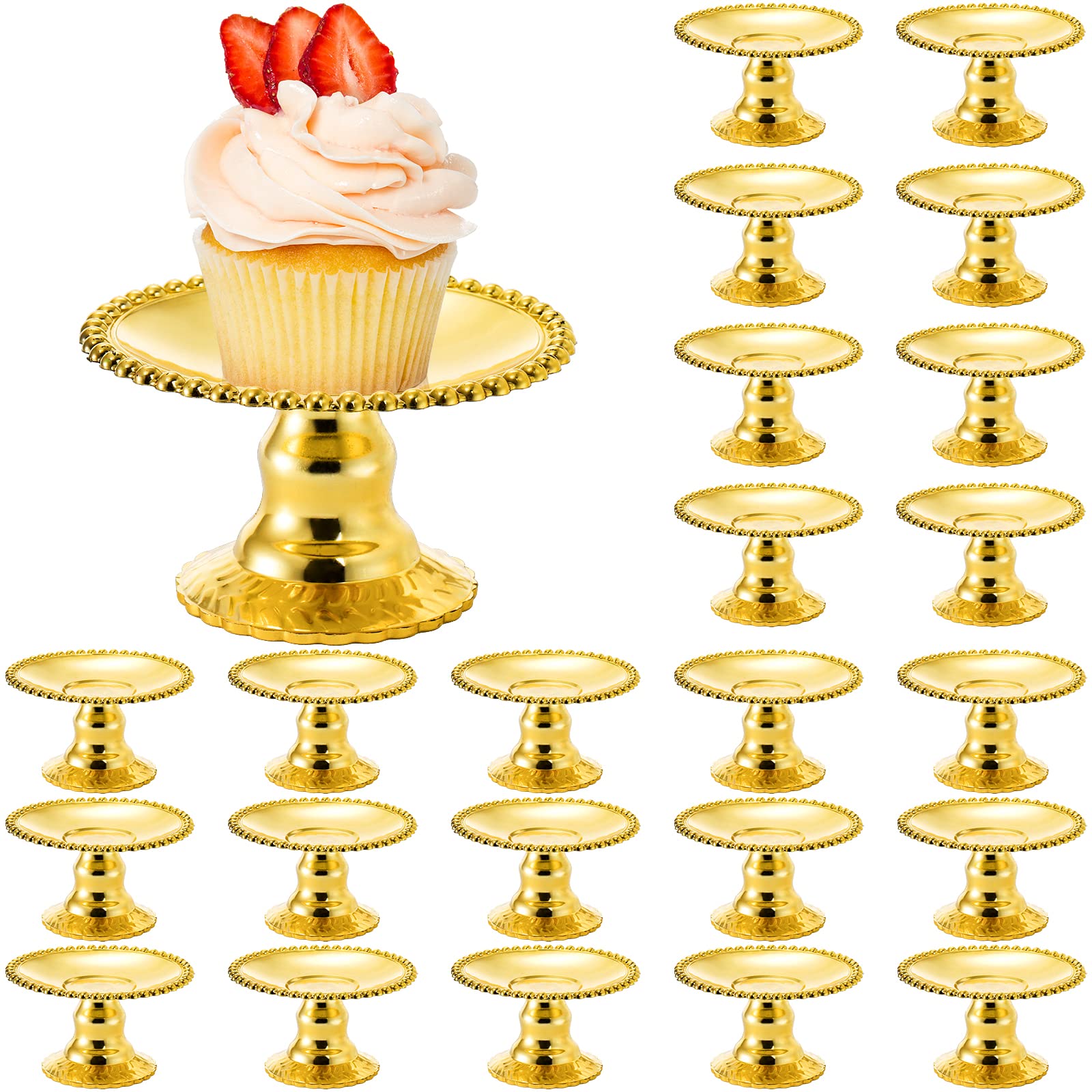 Hacaroa 24 Pack Mini Plastic Cake Display Stand, Gold Single Cupcake Serving Plates, Round Pearl Edge Dessert Holder Pastry Tray Stand for Candy, Chocolate, Fruits, Baby Shower, Birthday Party
