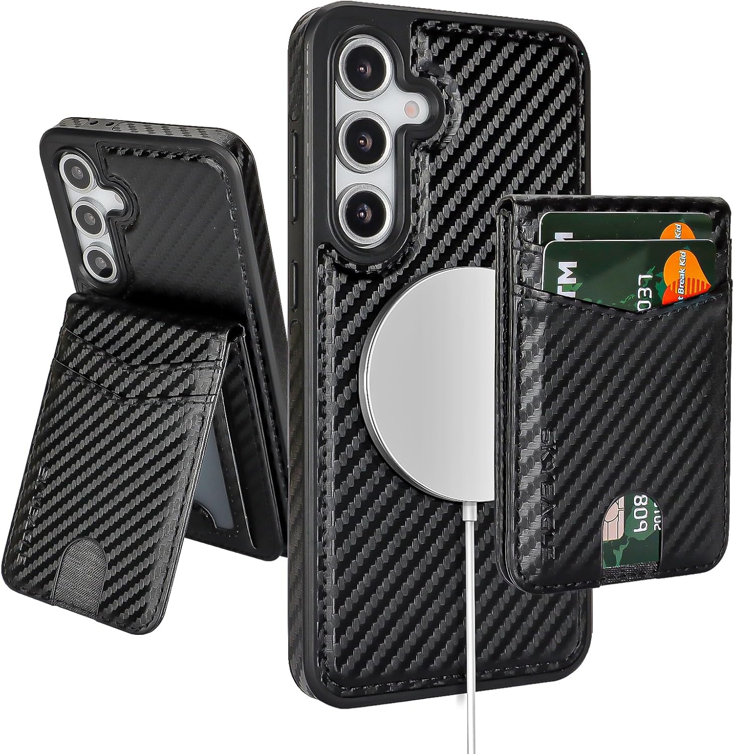 SkyEagle Compatible Magsafe 2 in 1 Detachable Samsung Galaxy S25 FE Wallet Case Card Holder Women Men,Magnetic Shockproof PU Leather Phone Case RFID Blocking Flip Kickstand Credit Slots,Carbon Black