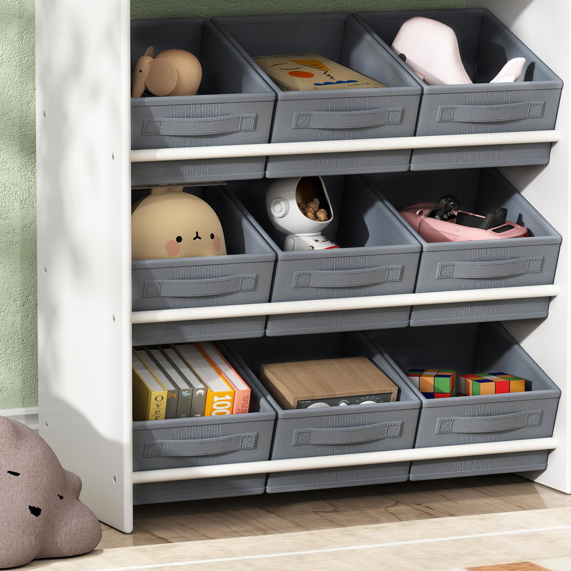 AIYAPLAY Étagère de Rangement Enfant pour Jouets et Livres, avec 11 bacs de rangements en Tissu Non tissé et Un Cabinet sur roulettes, pour Chambre, Salon, Salle de Jeu, 105x30x80cm, Blanc