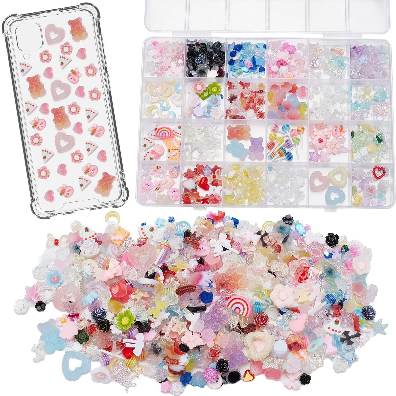 Kit breloques junk case perles fleurs cœur strass pour bijoux DIY