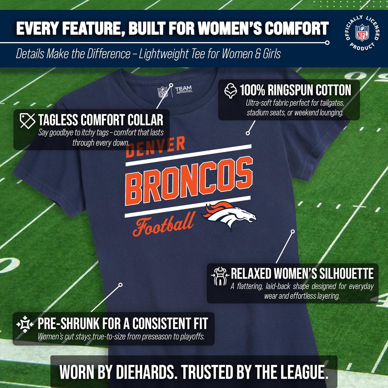 Team Fan Apparel NFL Gameday Women's Relaxed Fit T-Shirt - Rib Neck Contour - Tagless Short Sleeve Tee - Stay Cool & Stylish (Denver Broncos - Navy, Large) - Image 3