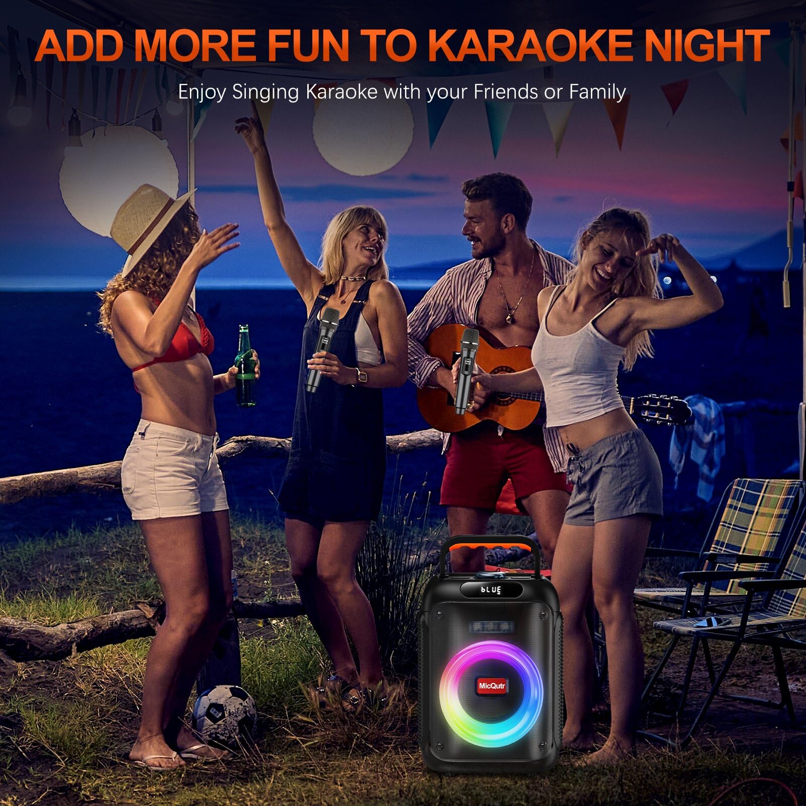Karaoke-Maschine mit 2 Mikrofonen für Erwachsene Kinder, Bluetooth-Caraoke-Lautsprecher mit Bass/Höhenverstellung, PA-System mit Fernbedienung/LED-Lichter, unterstützt Rec/USB/AUX (dunkelschwarz)