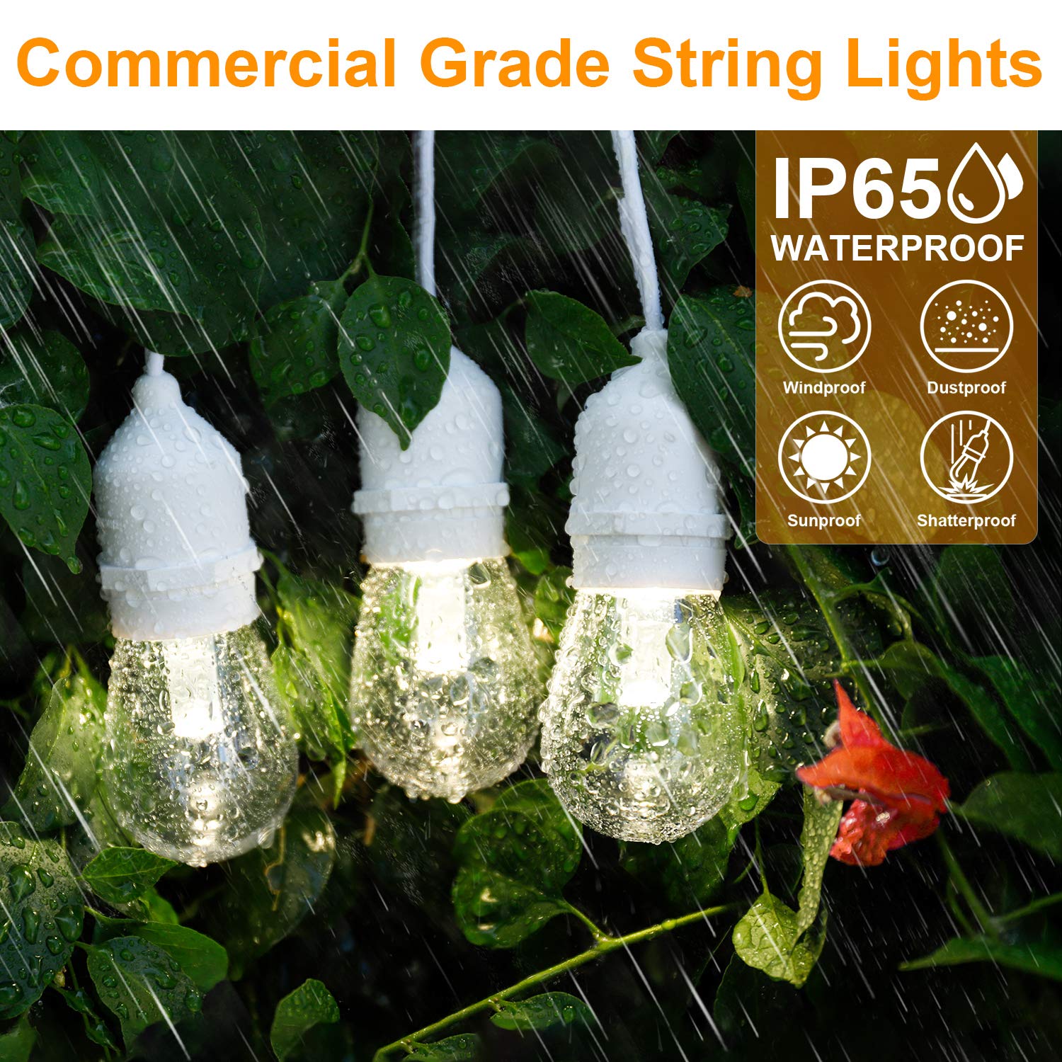 96FT (2x48FT) LED Dimmable Outdoor String Lights, Patio String Lights Waterproof, Commercial Grade&Shatterproof, 4000K Natural White, White Cords, 15 Hanging Sockets String for Backyard, Gazebo