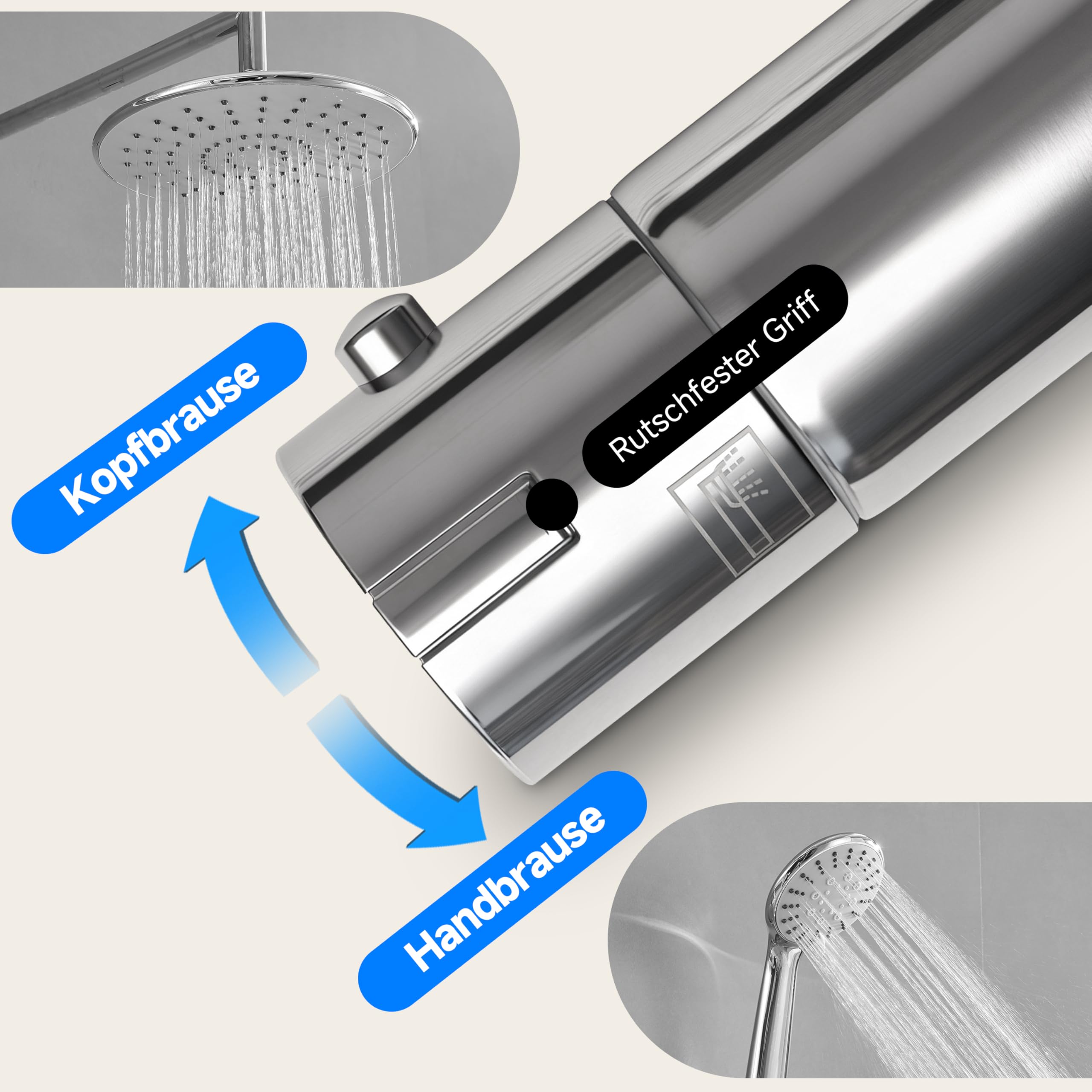Chrom Mischbatterie Thermostat Duscharmatur mit 38 ℃ Sicherheitssperre | Aufputz Duscharmatur Regendusche aus Messing, Bad Armatur Dusche mit 2 Auslässen, Oben 3/4" BSP + Unten 1/2" BSP BATHLAVISH