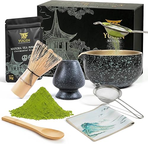 7 Piece Matcha Whisk Set, Includes 30g Ceremonial Grade Matcha Powder, Metal Sifter, Bamboo Whisk, Whisk Holder, Bamboo Spoon, Tea Cloth, Matcha
