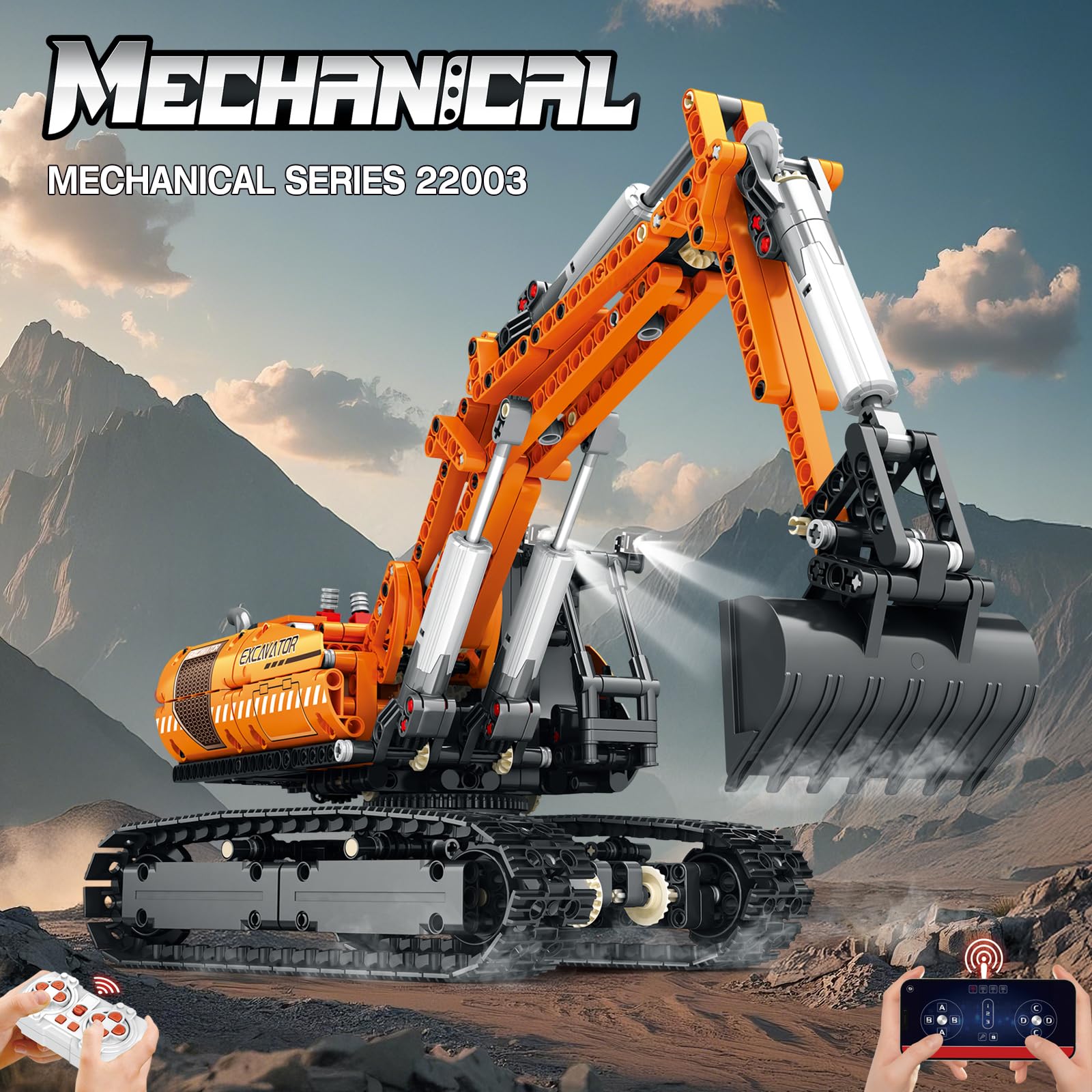 Reobrix Juego de construcción de excavadora RC, modelo de excavadora de control remoto con motor, juguetes de construcción de camiones para niños 22003, bloques de construcción de vehículos, juguetes