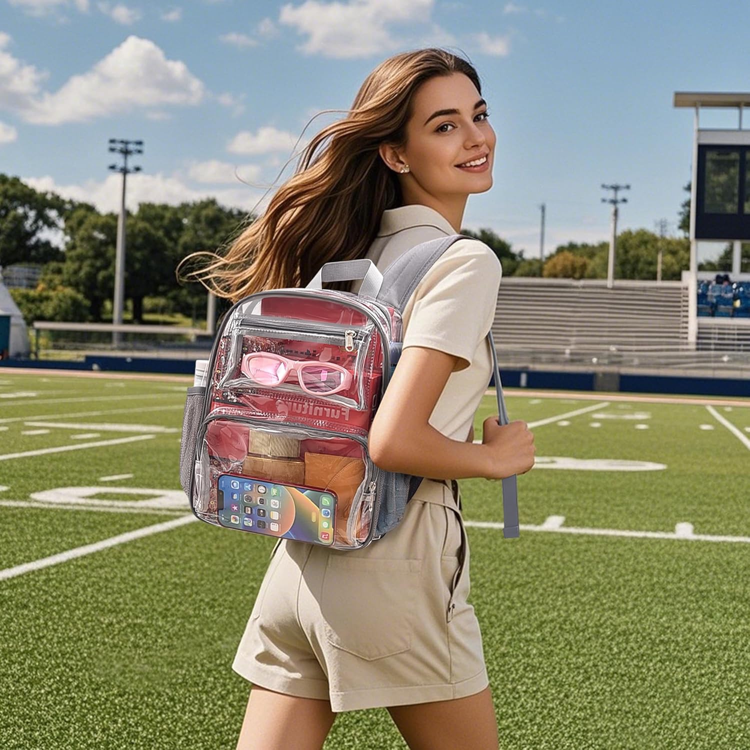 MAY TREE Clear Backpack Stadium Approved for Women and Men, Clear Bag for Stadium Events Concert Sporting Festival, Grey - Image 2