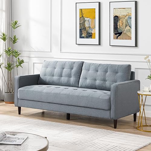 Miniatura 4 de Sofá moderno de mediados de siglo, tela de lino con botones de 74.8 pulgadas, tapizado, cómodo sofá de 3 plazas profundas, sofá biplaza para sala de