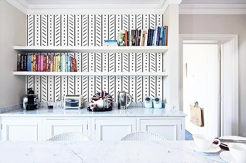 Miniatura 3 de CiCiwind Papel tapiz de rayas negras para despegar y pegar, papel de contacto geométrico moderno de espiga blanca y negra para gabinetes,