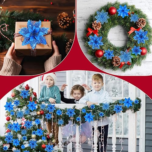 Miniatura 7 de Zeyune 36 flores de Pascua artificiales con purpurina de Navidad con clips, tallos de varios tamaños, adornos para árbol de Navidad, vacaciones,