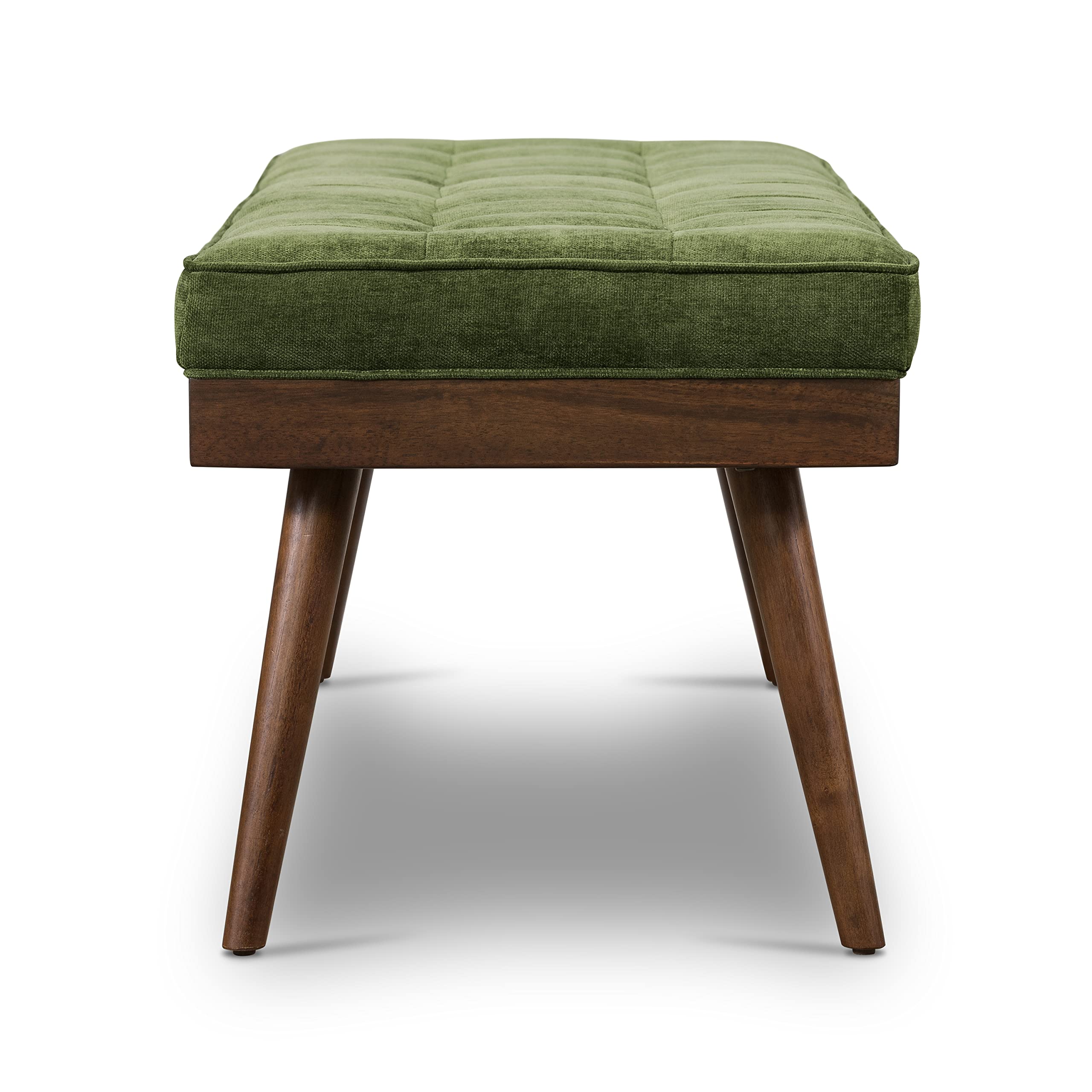 Poly & BARK Luca Fabric Bench – Tufted Upholstered Entryway or Bedroom Bench with Solid Wood Frame – Mid Century Inspired Seating in Fabric Green for Hallway, Living Room or End of Bed Use