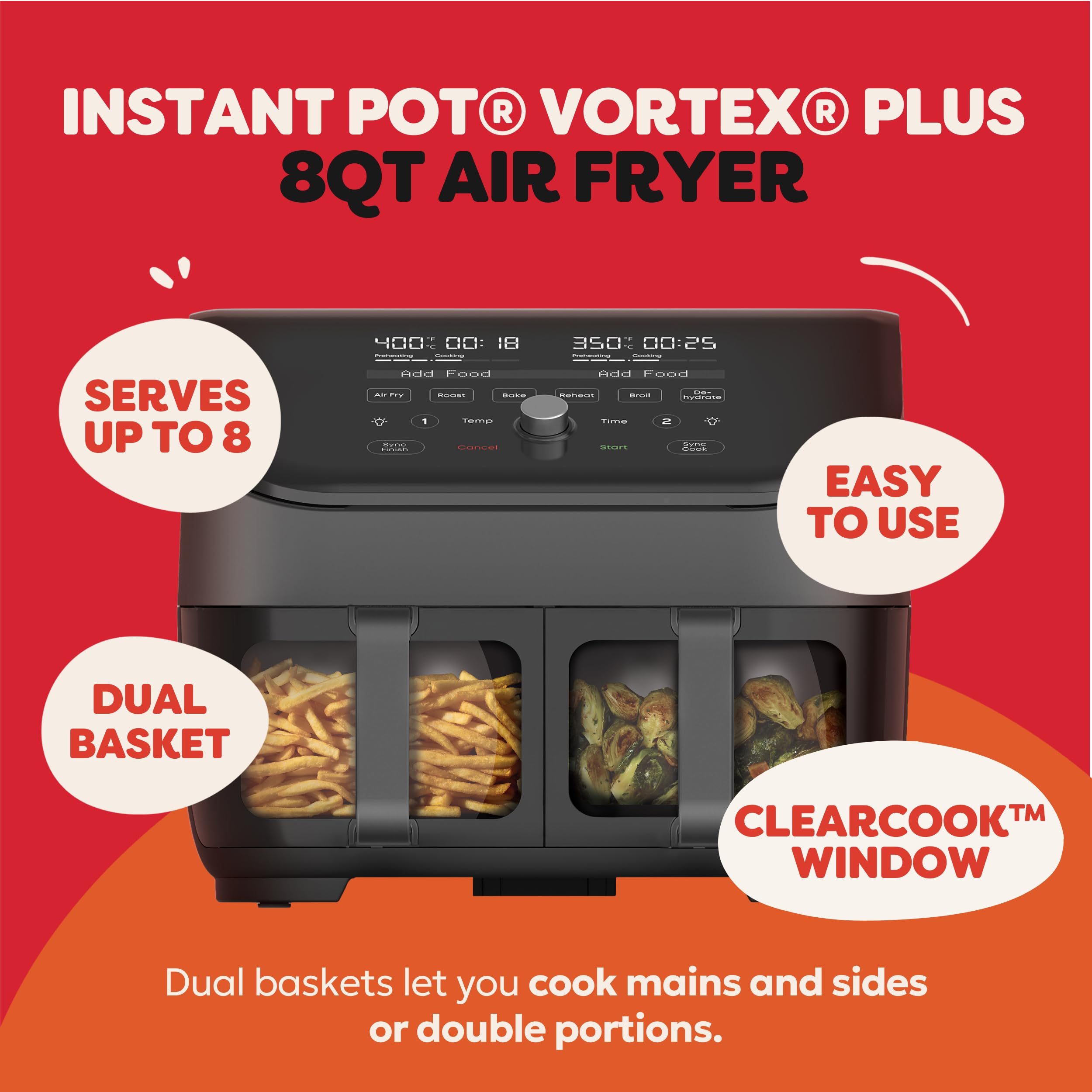 Instant Vortex Plus XL 8-Quart Dual Basket Air Fryer Oven.