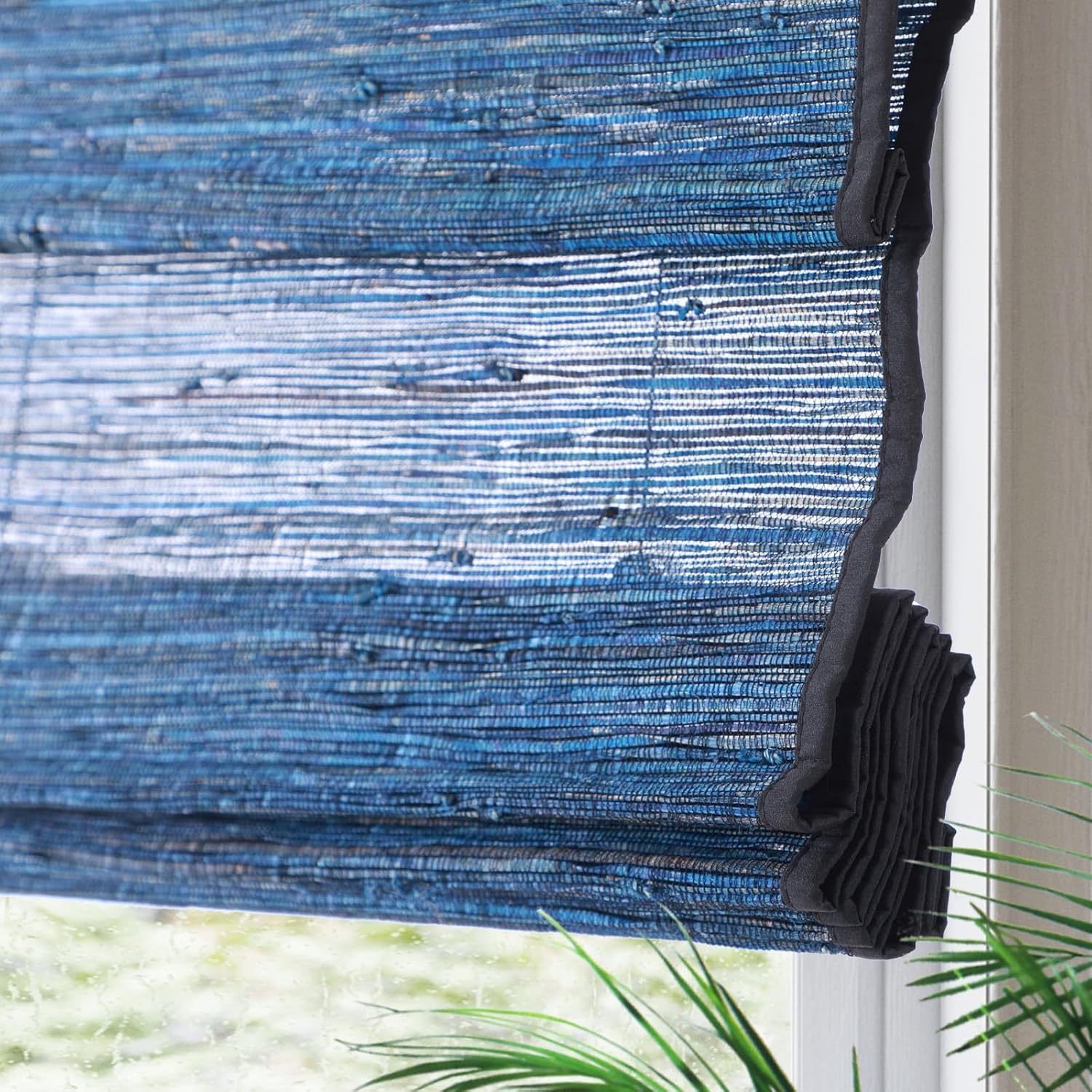 Yin Yang Cordless Blackout Bamboo Roman Shades, Natural Woven Wood Bamboo Shades with Border, Custom Indoor Privacy Lined Bamboo Roman Blinds for Windows, Doors, Blue