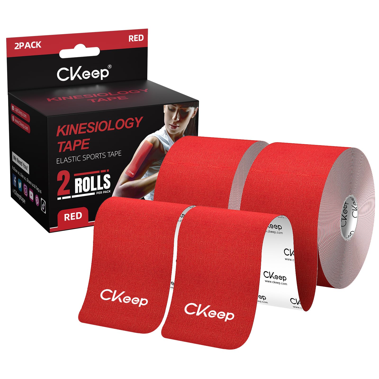 CKeep Kinesiology Tape, Uncut 2 Rolls, Original Cotton Elastic Premium Athletic Tape,Latex Free Hypoallergenic, 2inch x 16ft, Red