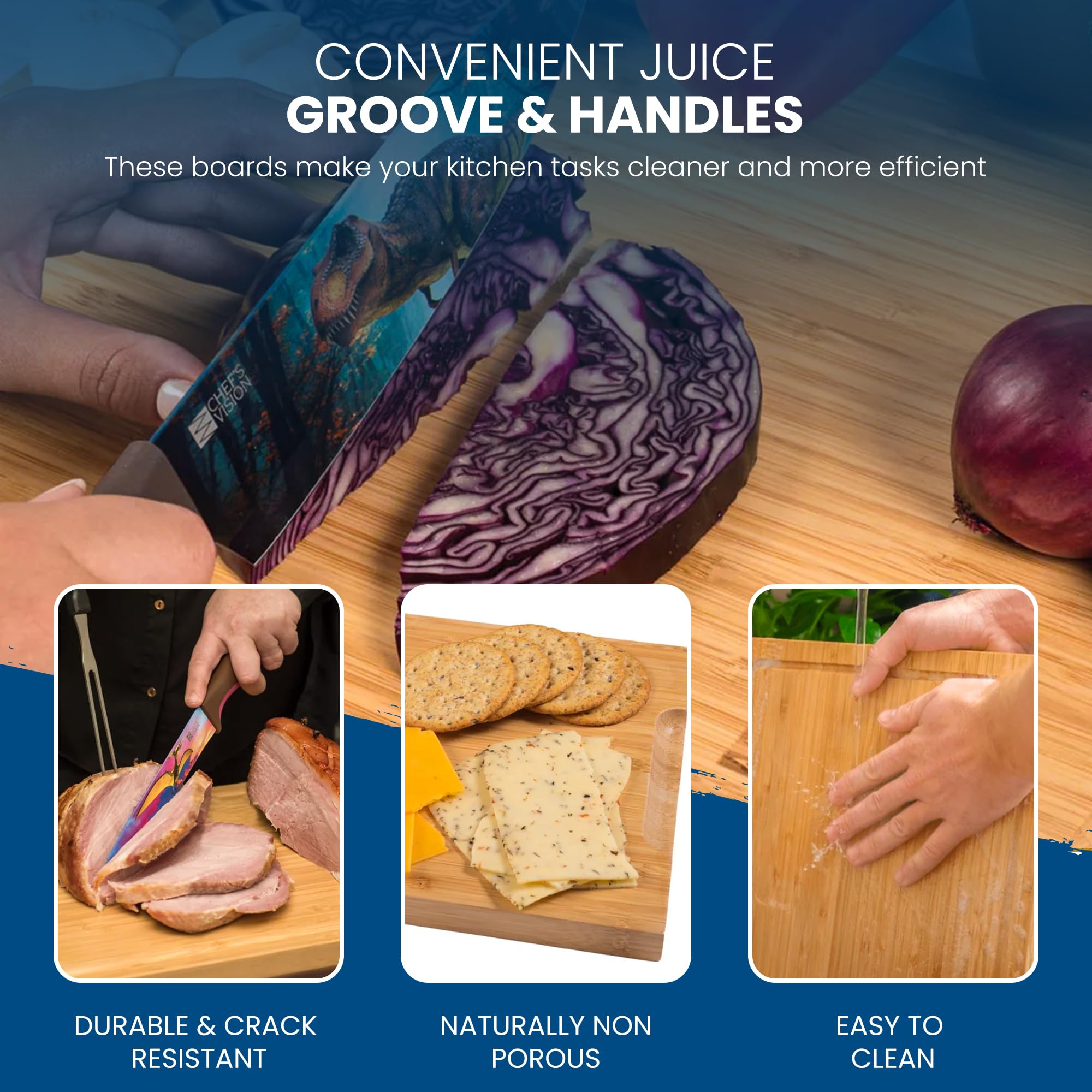 Juego de Tablas de Cortar de Bambú Chef's Vision - Set de 3 Tablas de Cortar de Madera Orgánica para Cocina - Tabla de Cortar Duradera y Ecológica para Cocina-Tamaños Extra Grande, Grande y Mediano