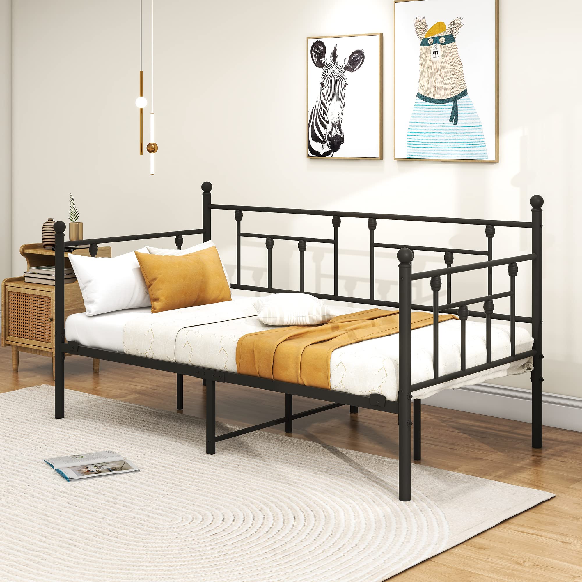 Tagesbett Bettgestell 90x200 cm Bett, Einzelbett Schlafsofa mit Lattenrost für Gästezimmer Jugendbett, Metallbett Tagesbett Bettrahmen für Schlafzimmer Wohnzimmer, Schwarz