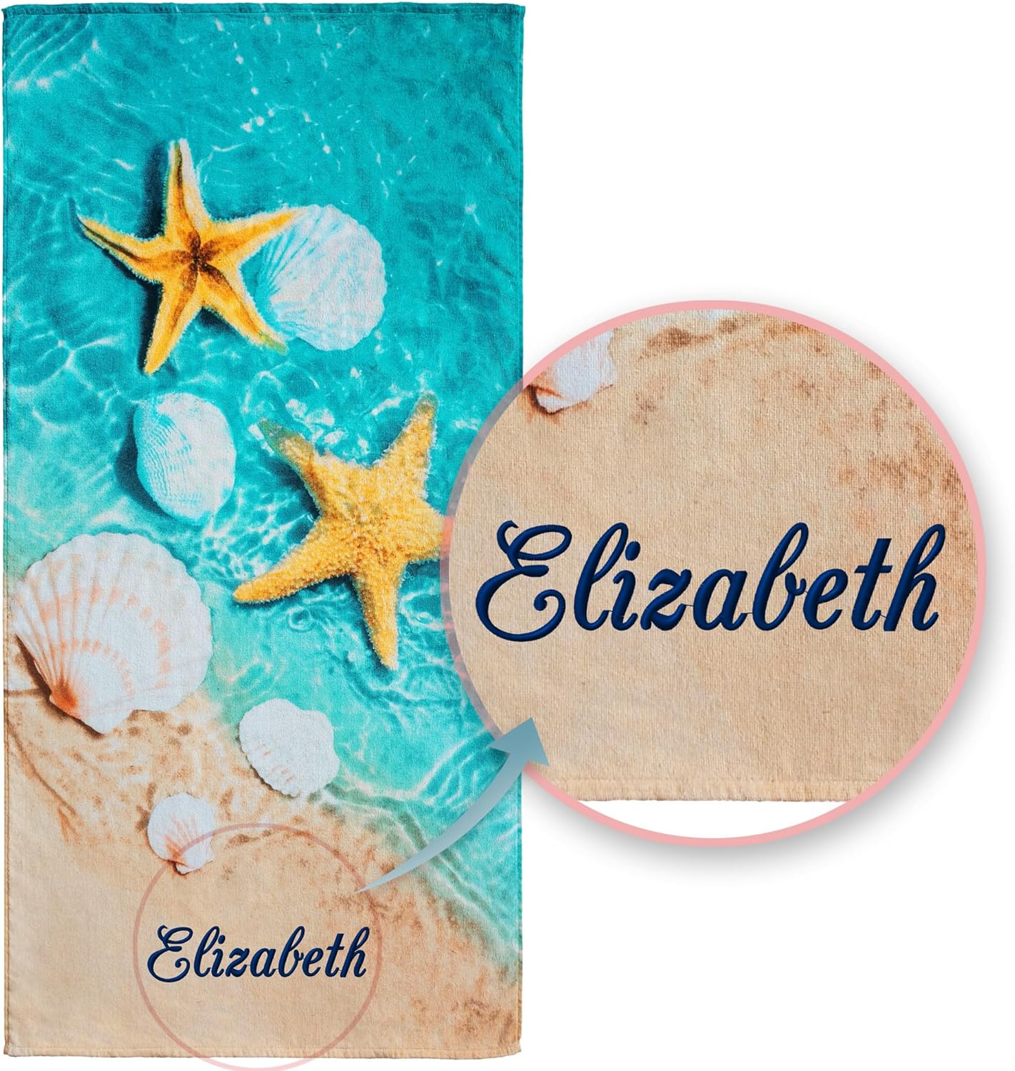 Softerry Personalized Starfish & Seashells Beach Towel 30 x 60 inch Velour Terry 100% Cotton, Blue and Sand (Custom Seashells)