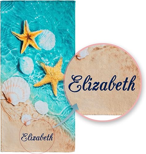 Softerry Toalla de playa personalizada con estrellas de mar y conchas marinas de 30 x 60 pulgadas terciopelo 100 algodón azul y arena conchas