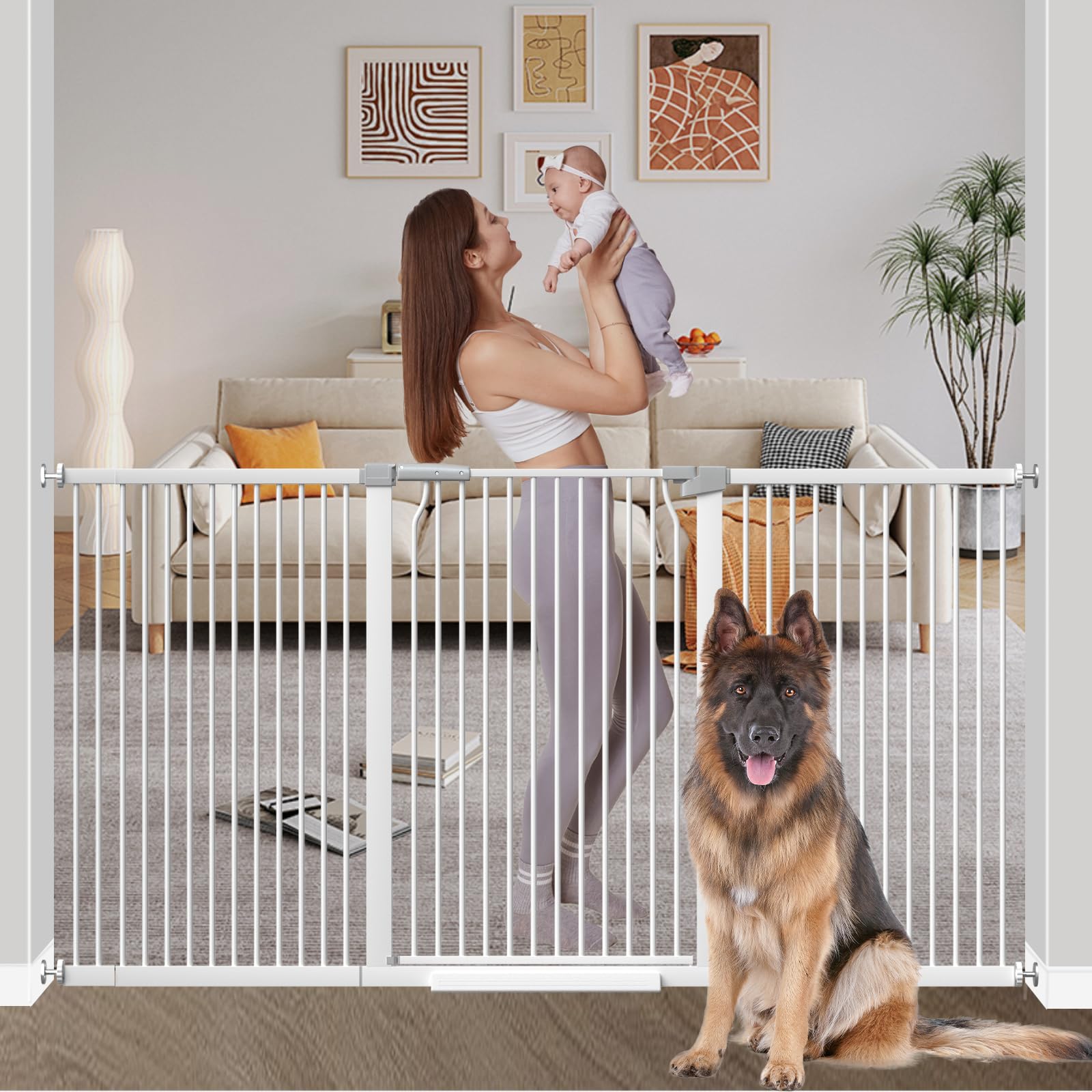Photo 1 of Qonimm 40.55" Extra Tall Baby Gate for Stairs-71.3"-76.7" Wide 1.37" Ultra Narrow Spacing Extra Wide Pet Cat Gate Dog Gate-Auto-Close Pressure Mounted Dog Door for Pets and Kids,White