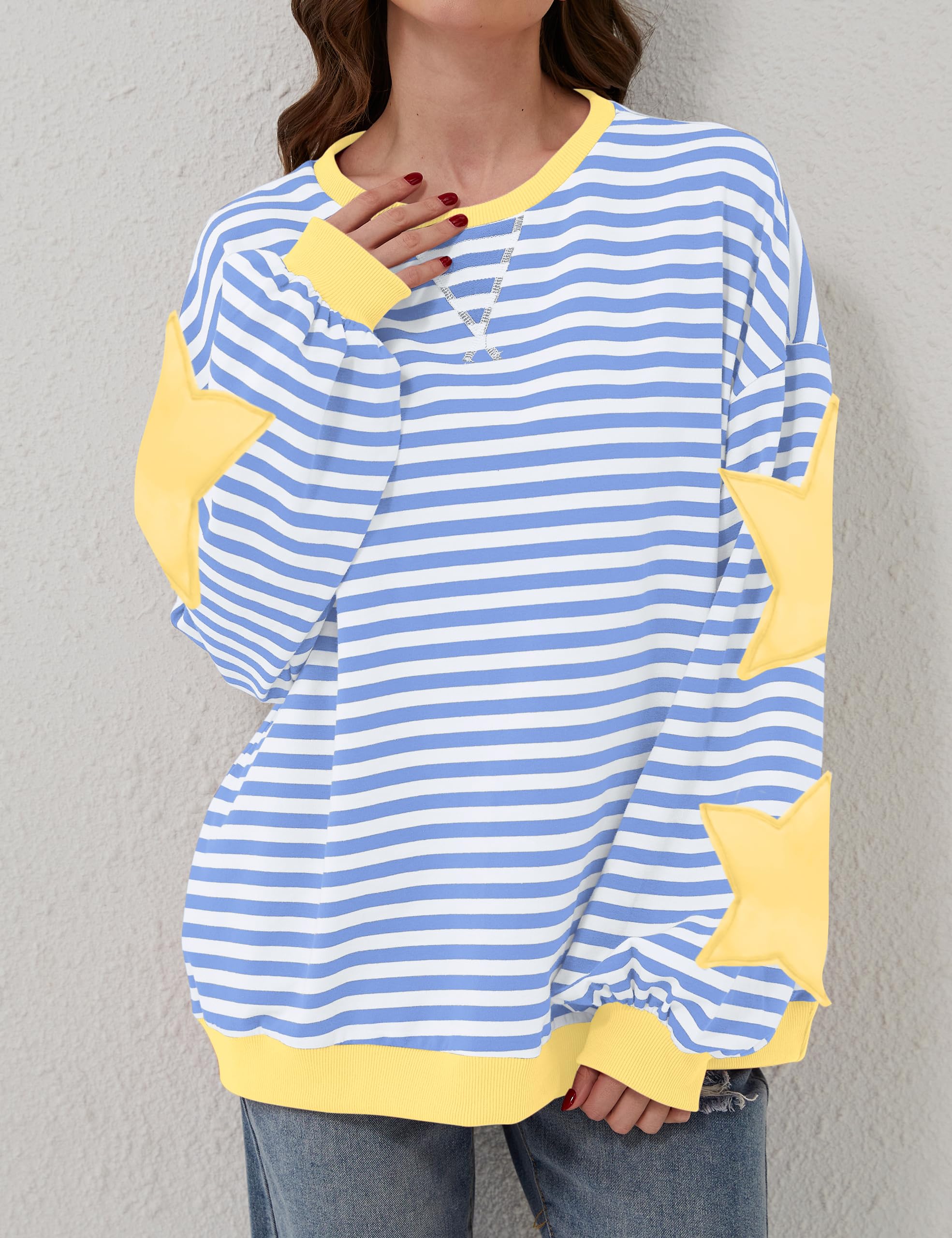 Teriveek Damen-Sweatshirt, Oversize, gestreift, Farbblock, langärmelig, Rundhalsausschnitt, lässig, locker, Y2K-Shirt