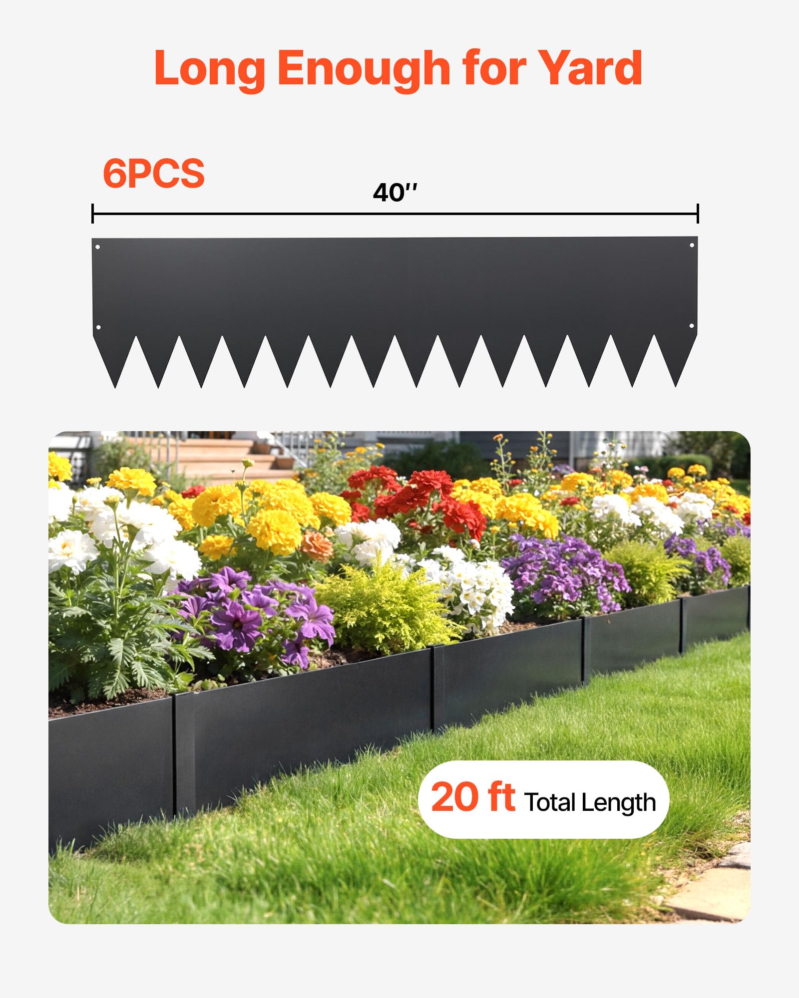 VEVOR Rasenkante 6er-Pack, 1016x254 mm, Beeteinfassung aus Verzinktem Stahl, inkl. 8 Befestigungsclips, Beetbegrenzung, Rasenbleche, Mähkante Metall Palisade für Blumenbeete & Gartenwege, Schwarz