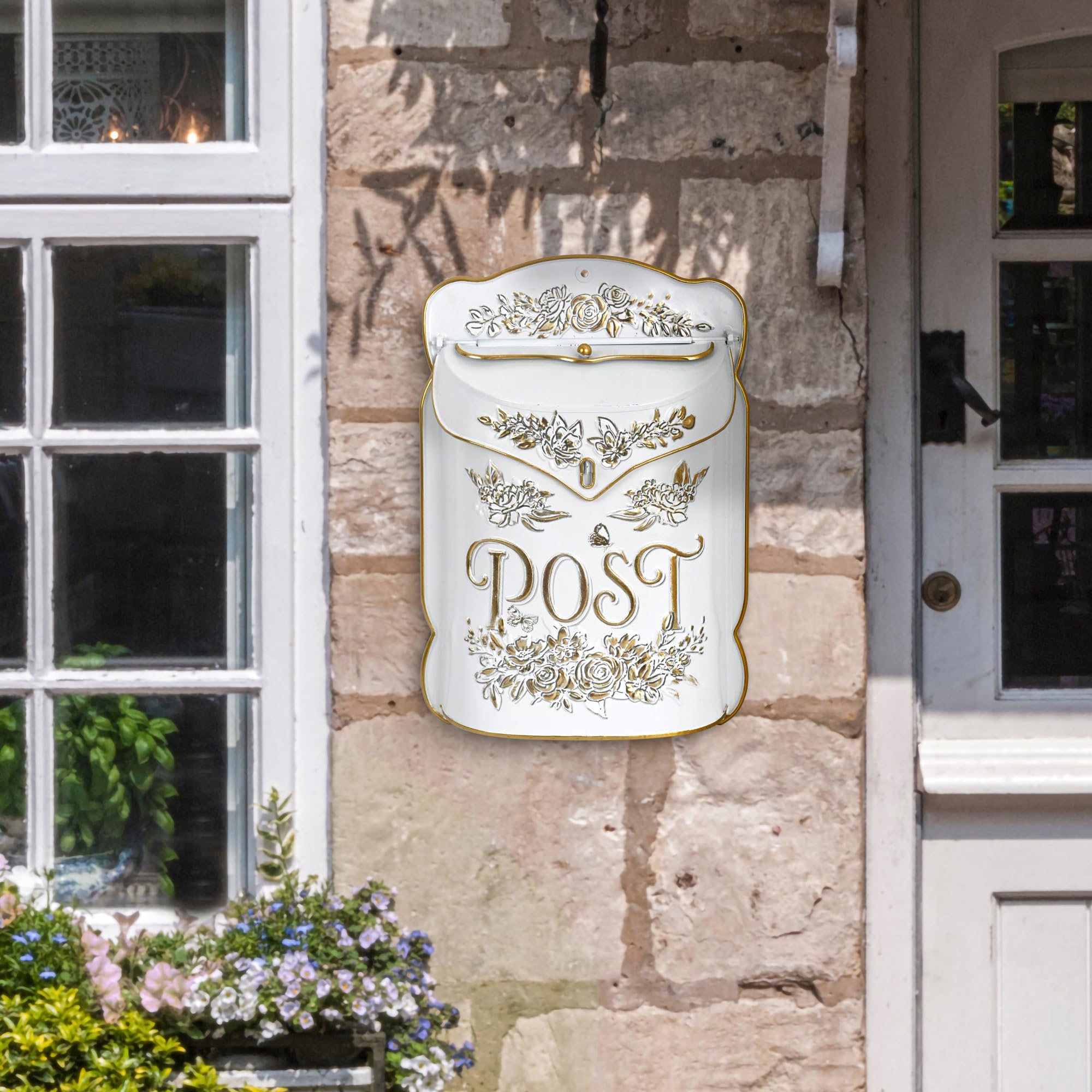 SenJchicwd Vintage Wall Mount Mailbox for Outside Metal Decor Mailboxes Antique Style Nostalgic Charm for Home Door Garden Farmhouse House Decorations Flower Patter (White)