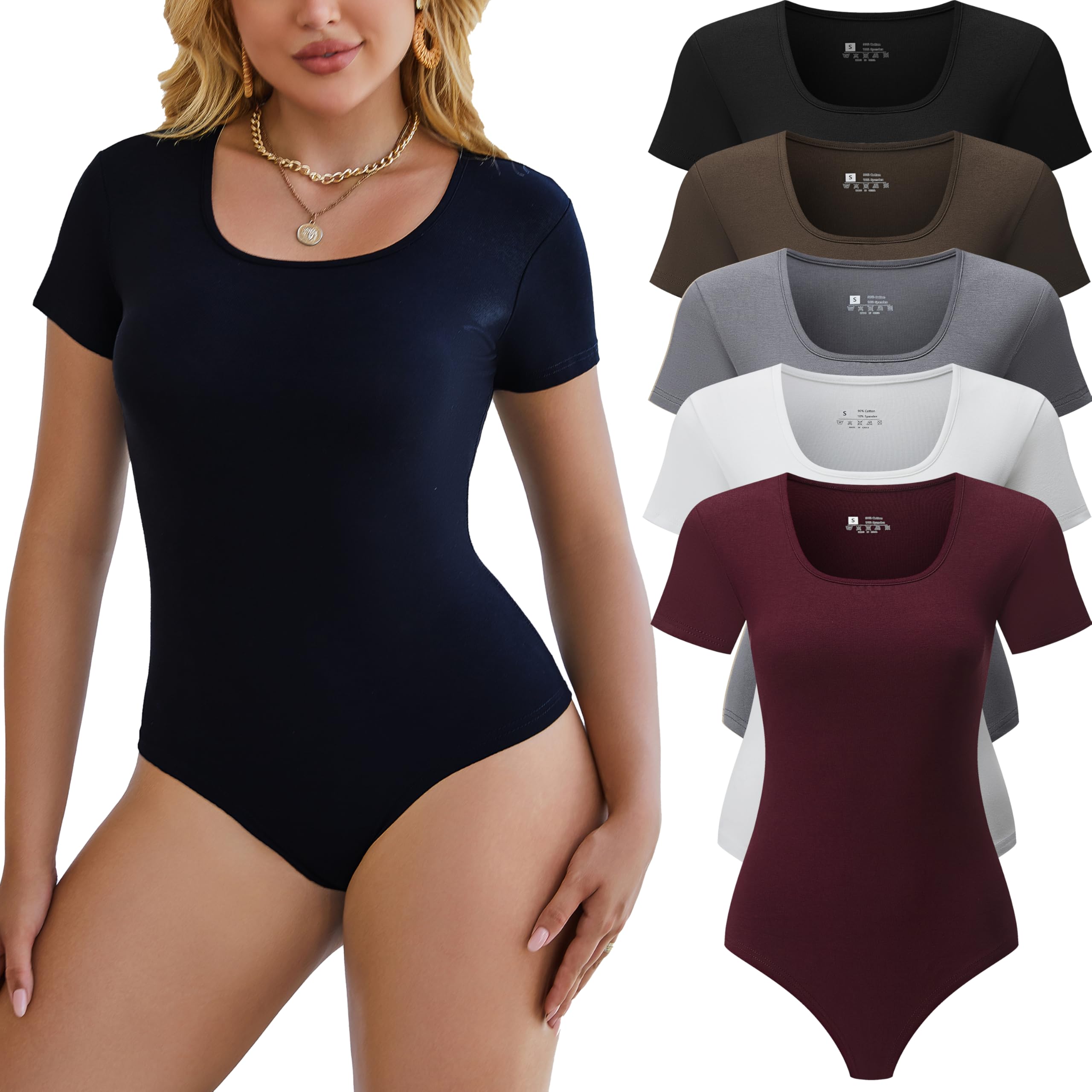 Chongbaijia5 Pack Short Sleeve Bodysuits for Women Square Neck Casual Stretchy Basic Body Suits Tops T Shirts