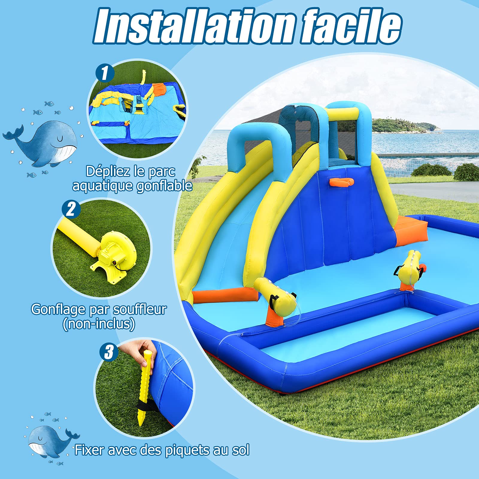 GOPLUS - Castillo hinchable con tobogán y pistola de agua, zona de juegos acuática con entretenimiento múltiple, ideal para niños mayores de 3 años (con soplador de 680 W)