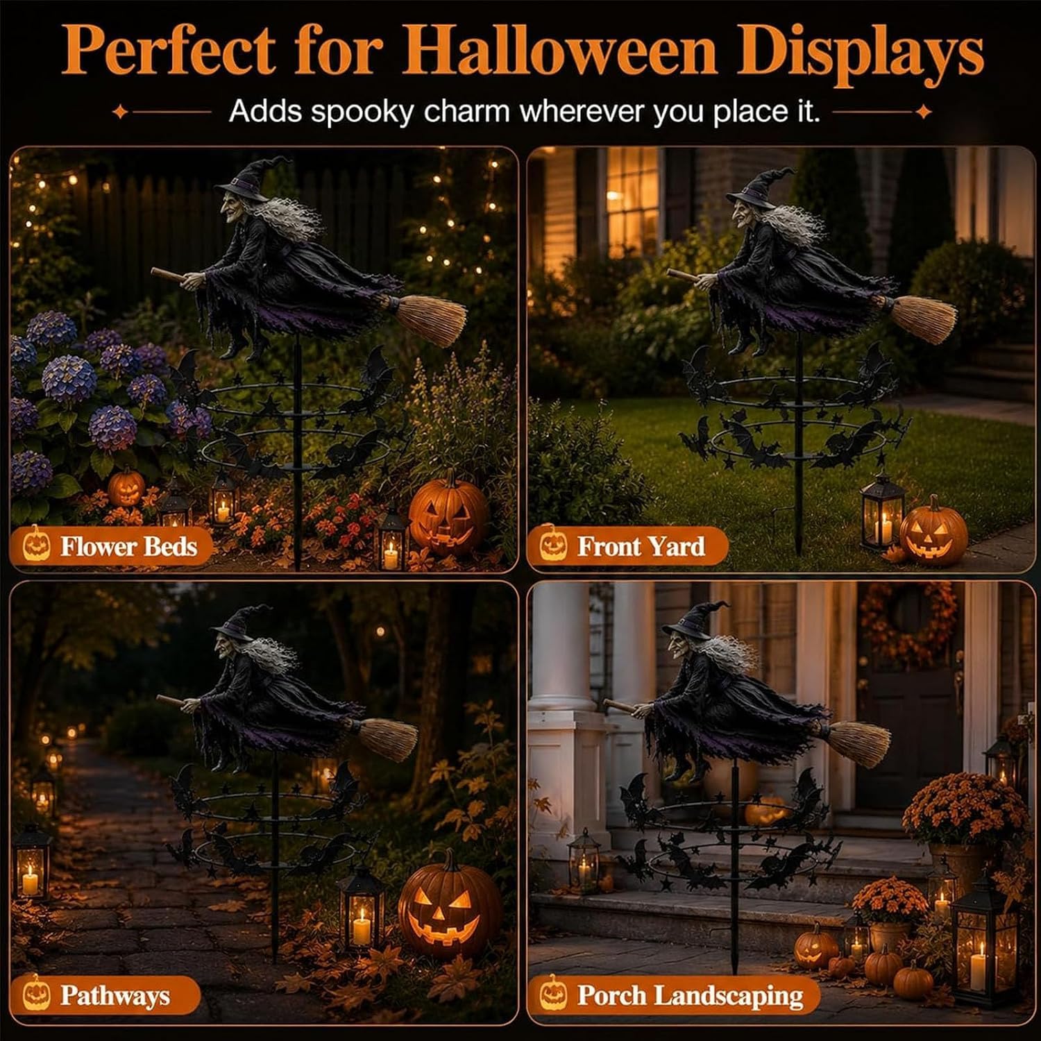 Zaczarowany magiczny wiatraczek ogrodowy czarownicy, dekoracje na Halloween | Latająca wiedźma i wiatrak nietoperza, stabilny słupek gruntowy, do ścieżki trawnika na patio(2pcs)