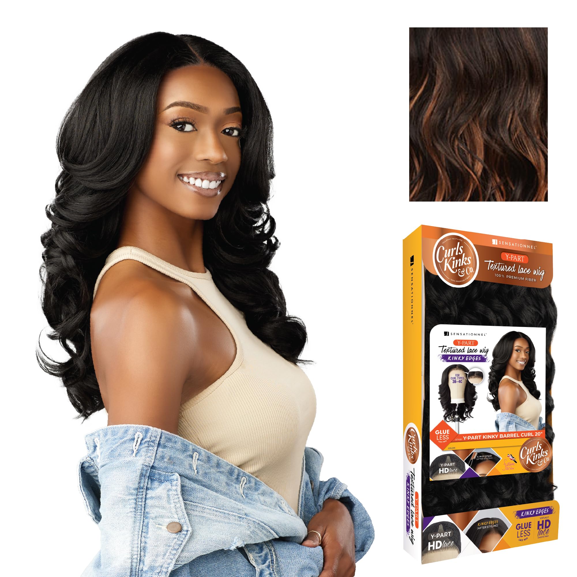 Photo 1 of Sensationnel Curls Kinksandco Kinkyedges Wig - Kinky Barrel Curl 20 Inch Y Part Lace Natural Kinkytexture Edged Hairline for Natural 3B to 4C Hair Textures (F1B/30)
