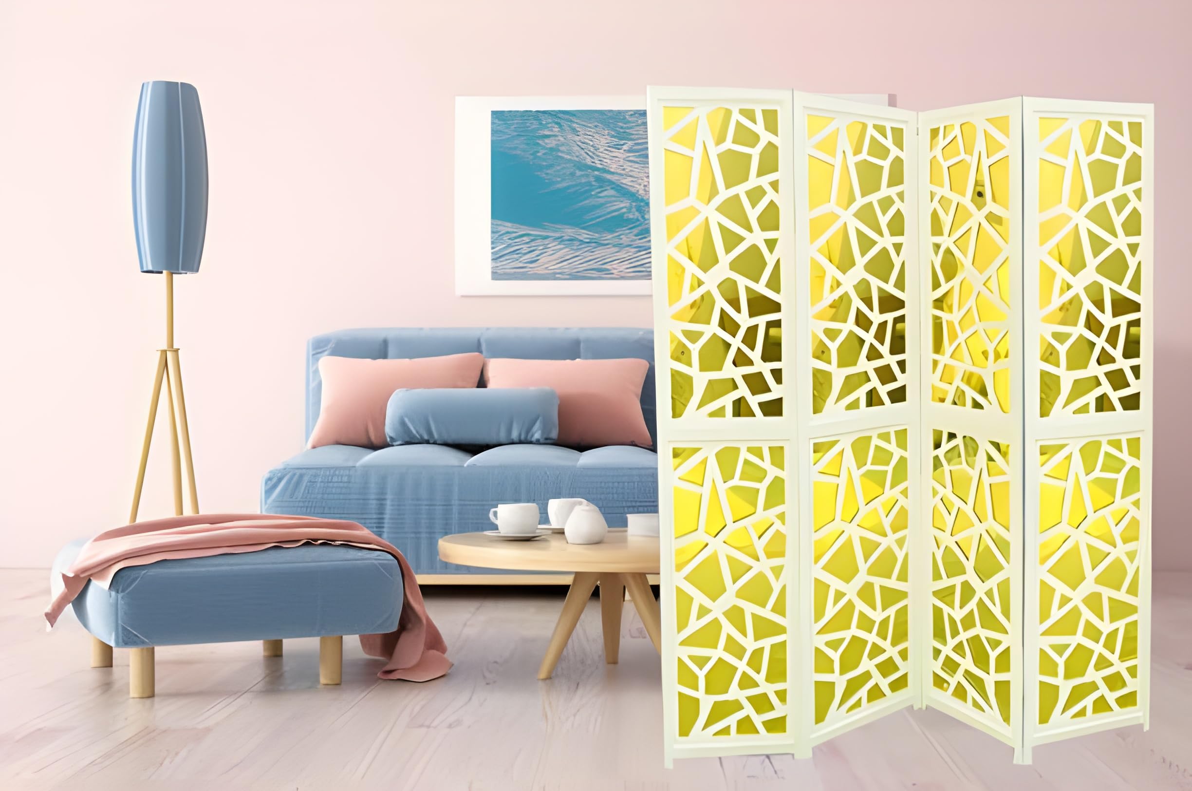 Musa Kazim/Wooden Wall Partition/Room Divider/for Living Room Partition/Foldable Partition / 4 Panel/Screen Separator/Wooden Partition Back Side is Mirror Glass (Color - White/Golden) (4 Panel)-image-47