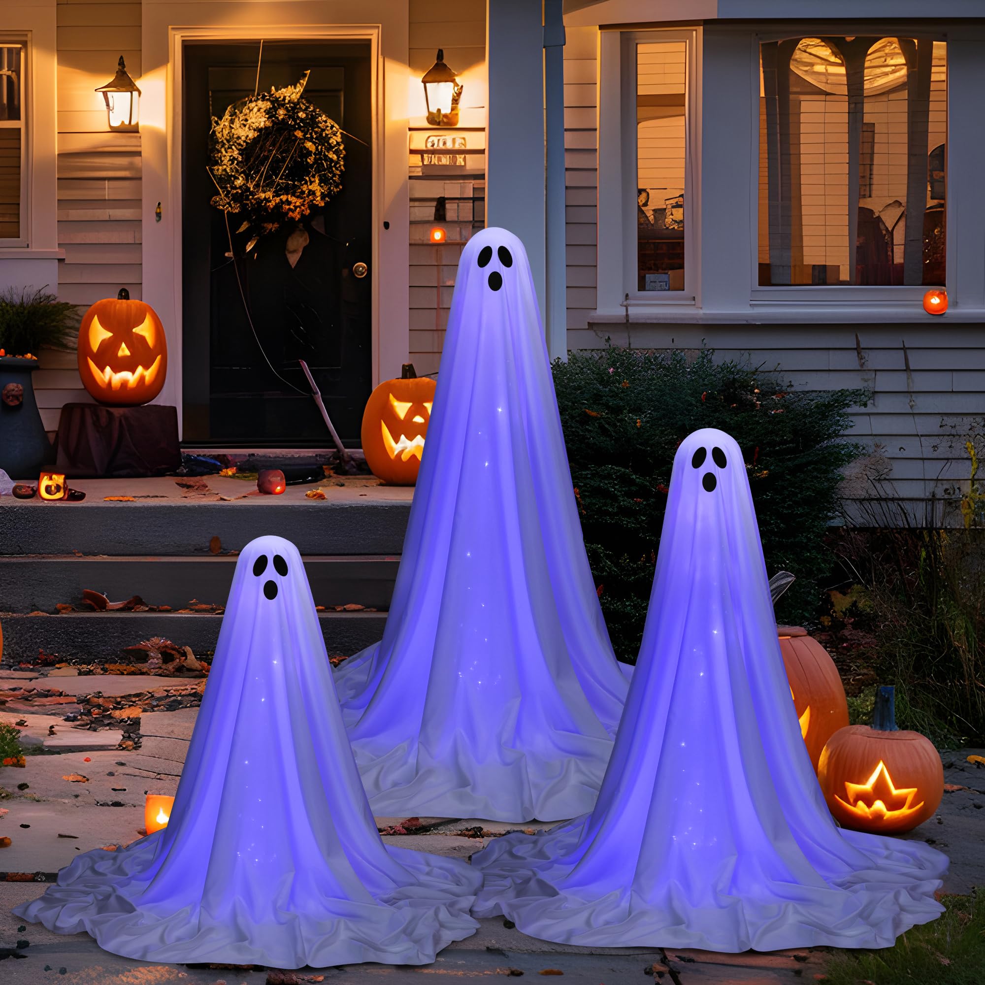 3 Packs Halloween Decorations Outdoor Extra Large Stand Ghost Halloween Decor, 3 Size Spooky Ghost with 40 Led String Lights Adjustable to 72 in Ghost Stand for Porches Yards Gardens Lawn (Blue)
