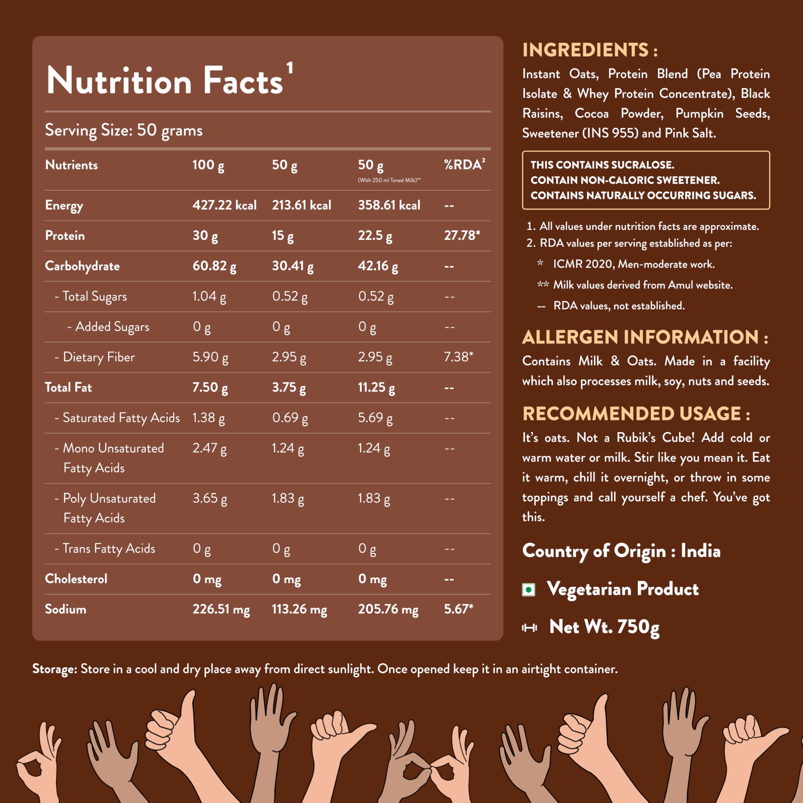 Nutrabay High Protein Oats - 750g, Dark Chocolate Raisin | 30g Highest Protein Oats Ever with Whey Protein Concentrate & Pea Protein Isolate | Zero Added Sugar 3