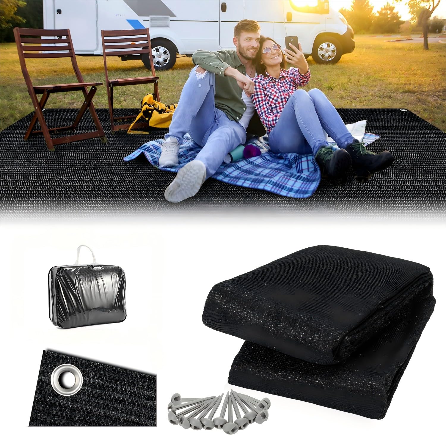 Sonnewelt Tapis d'auvent, Tapis de Camping de qualité supérieure, Respirant, Antidérapant, Lavable, Tapis de Sol Camping avec 12 Trous, 13 Piquets et Sac De Transport