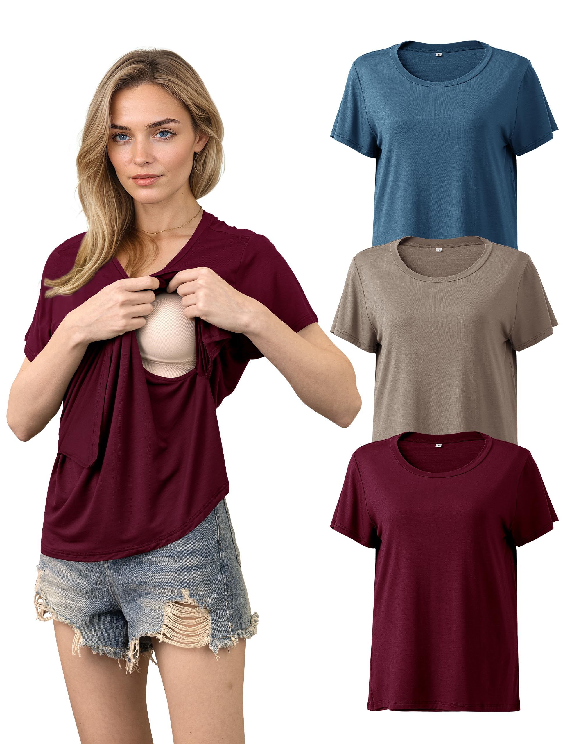 SUNNYBUY Still T-shirt, set da 3 pezzi, maglietta da allattamento a maniche corte, da donna, comoda moda premaman per gravidanza e allattamento