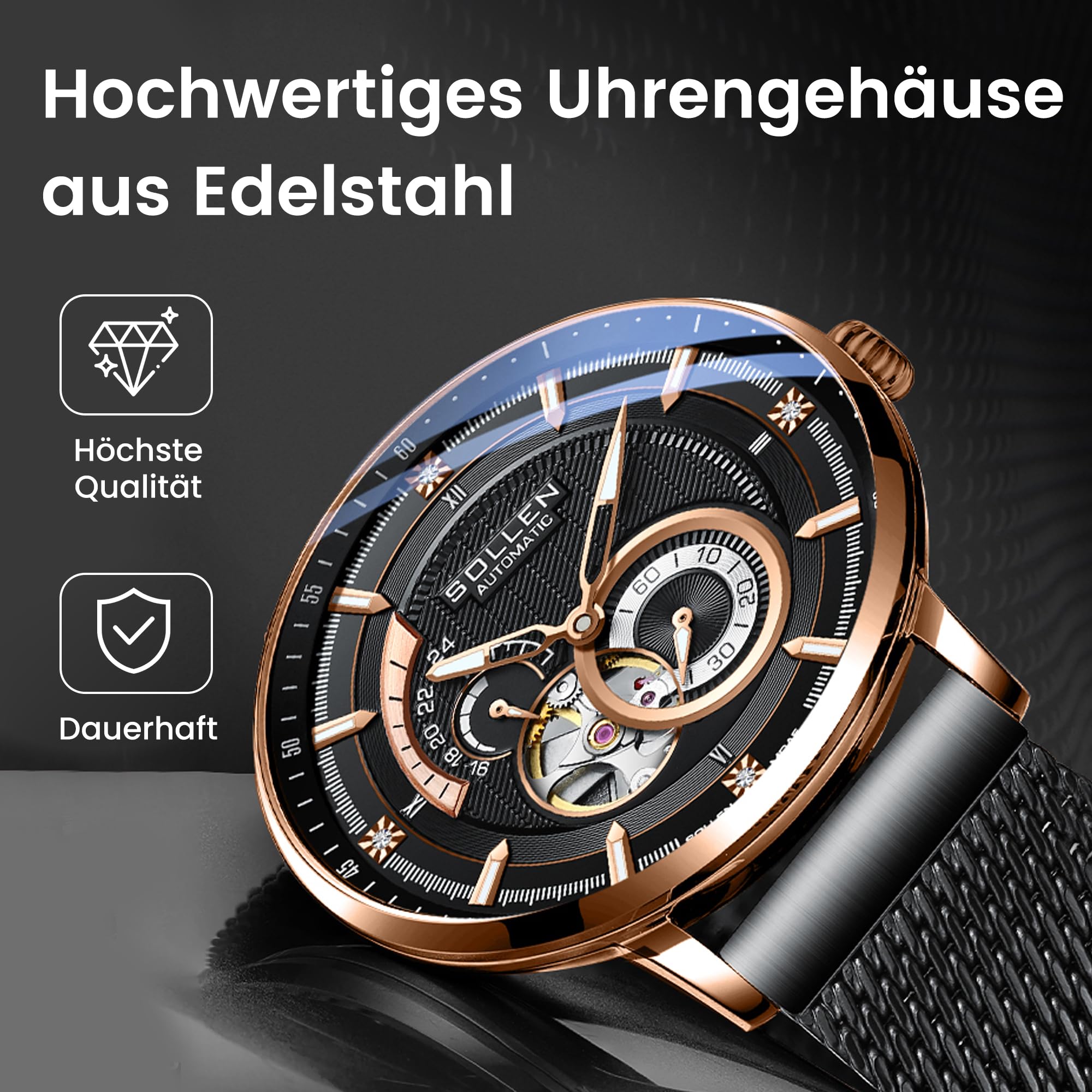 SOLLEN Skelett Automatik Uhr Herren,Automatische Herrenuhren mit Sekundenzeiger & 24-Stunden-Rufnummer,Minimalistische Herrenuhr Luxus,Originales Mechanisches Uhrwerk,Klassische Uhrengeschenk für Mann