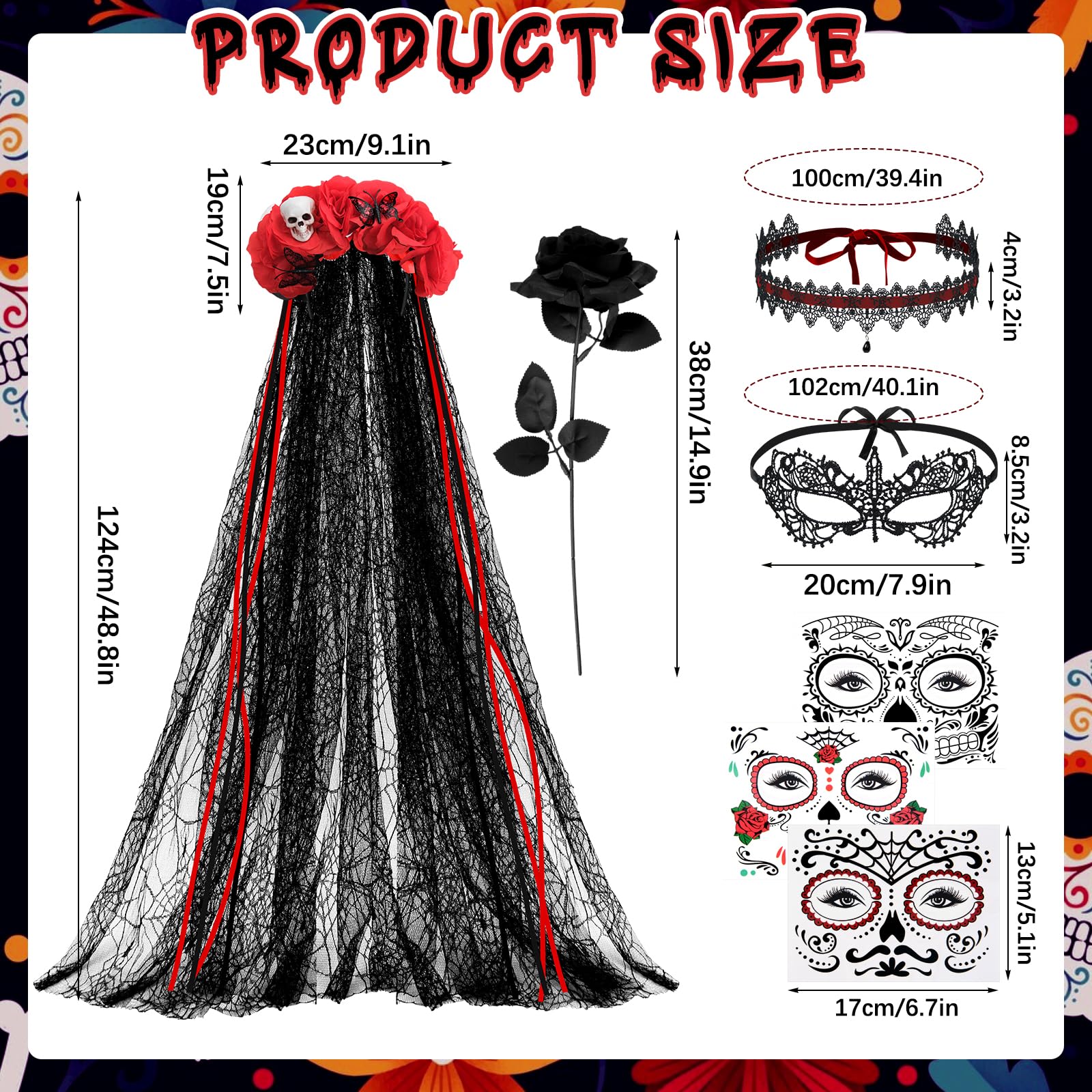 Yotako Day of the Dead Costumes for Women Day of the Dead Headband Accessories, Veil, Tattoo, Black Rose, Necklace - Image 2