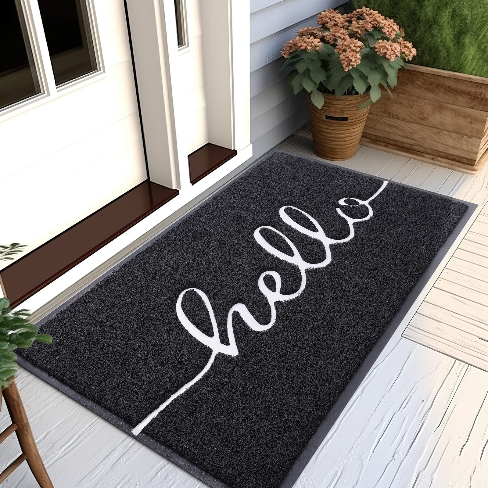 Homaxy Hello Door Mat, Dirt Trapper Doormats Non-Slip Low Profile Durable Door Mat for Outdoor, Indoor, Entrance, Patio, Front Back Door — (80 x 120cm, Black) — image 1