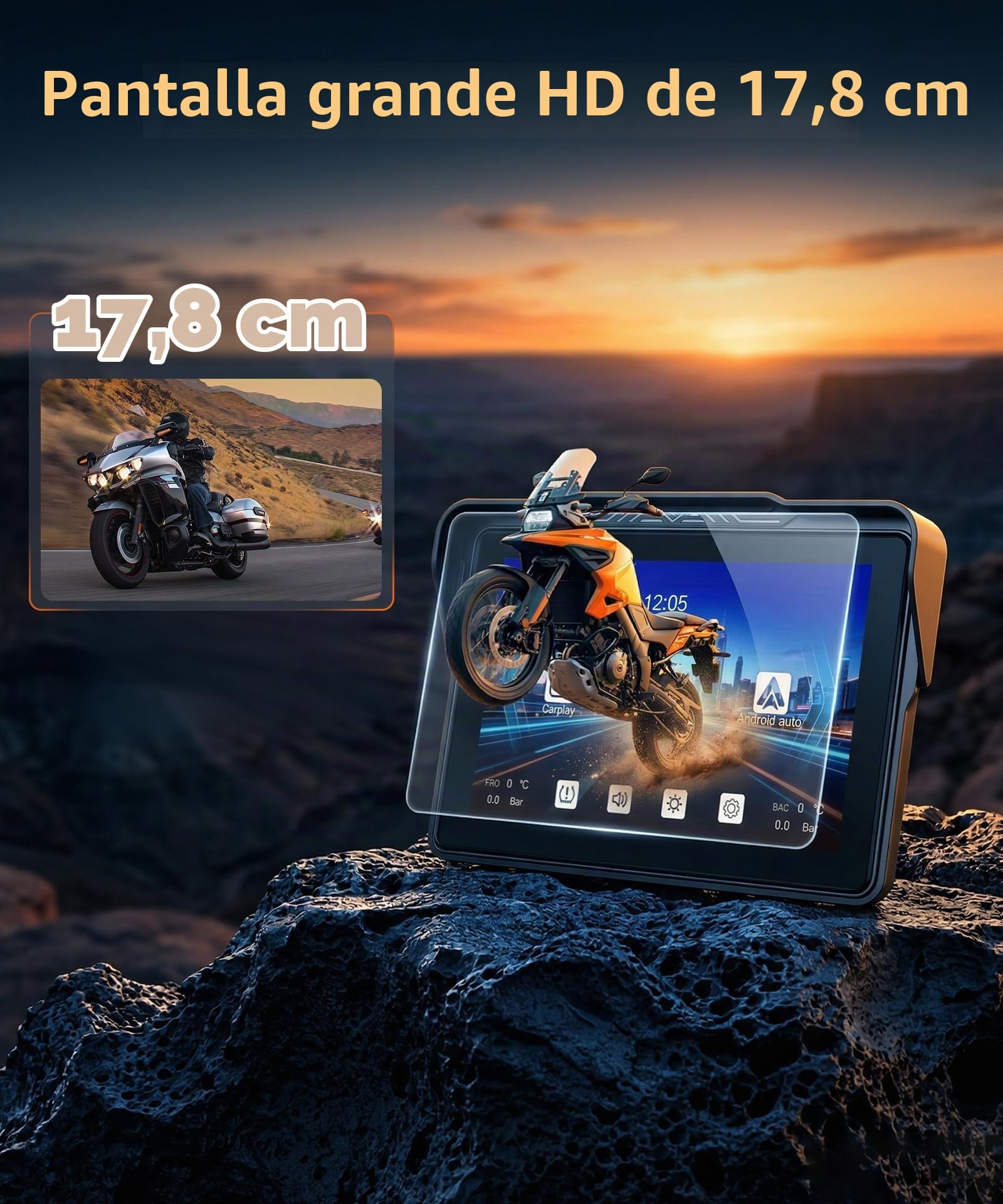 Inalámbrico Carplay Pantalla Motocicleta Android Auto, 7 Pulgadas Touchscreen CarPlay Radio Coche Portatile para Moto, Car Play Display para Motorbike con Mirror Link/Bluetooth/Navi/IP68 Impermeable