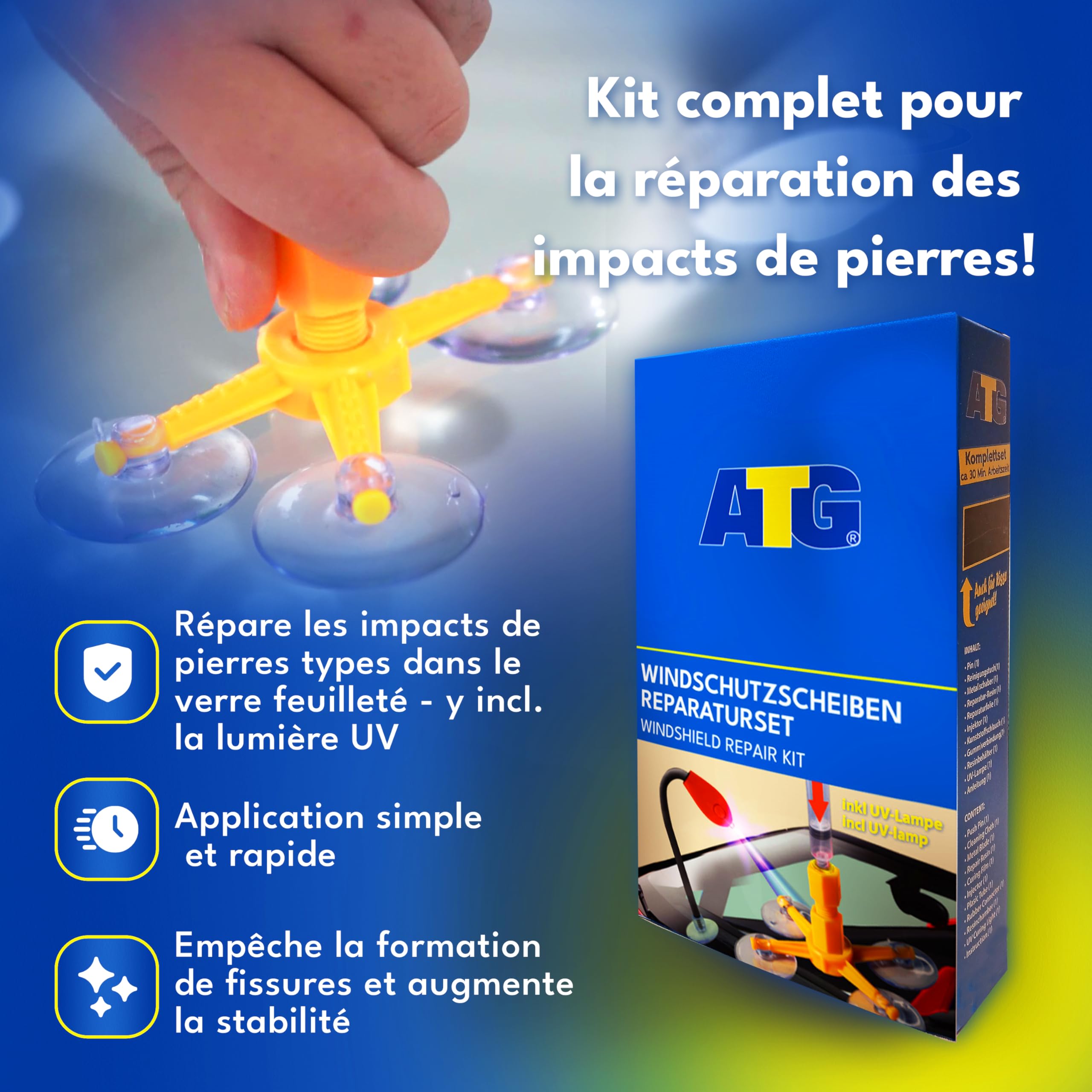 Kit Réparation Pare-Brise Voiture - Résine & Lampe UV - Répare Éclats & Fissures Facilement à La Maison
