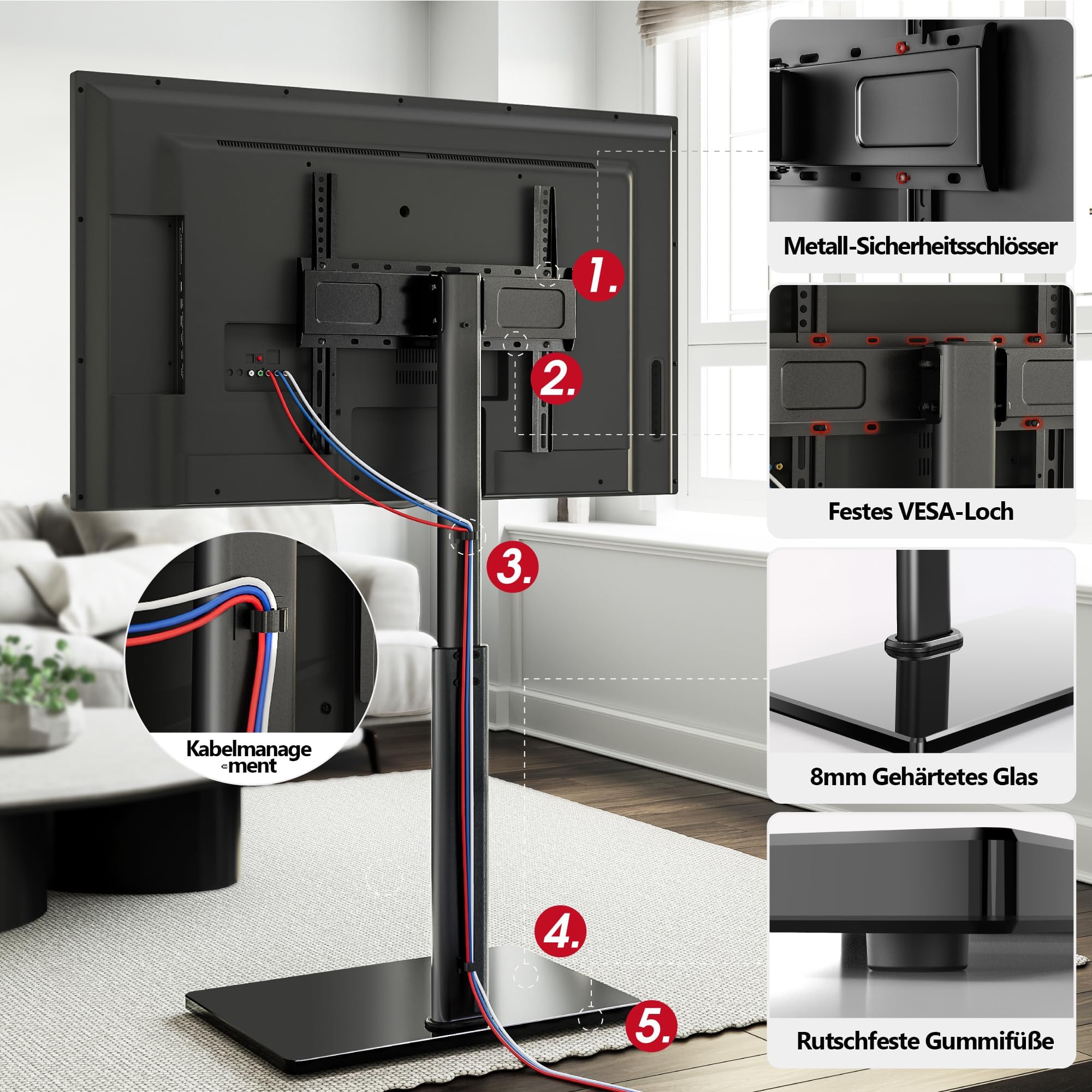AOKCOS TV Ständer Bodenständer Höhe 1350mm für 32-55 65 70 Zoll Fernseher, Neigbar & Schwenkbar & Höhenverstellbar Fernsehständer, Universal TV Standfüße Standfuss Max VESA 400x400mm 40KG (Schwarz)