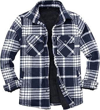 ZENTHACE Mens Sherpa Lined Flannel Shirt Jacket,Long Sleeved Brushed Plaid Flannel Shacket Jackets,Snap Button