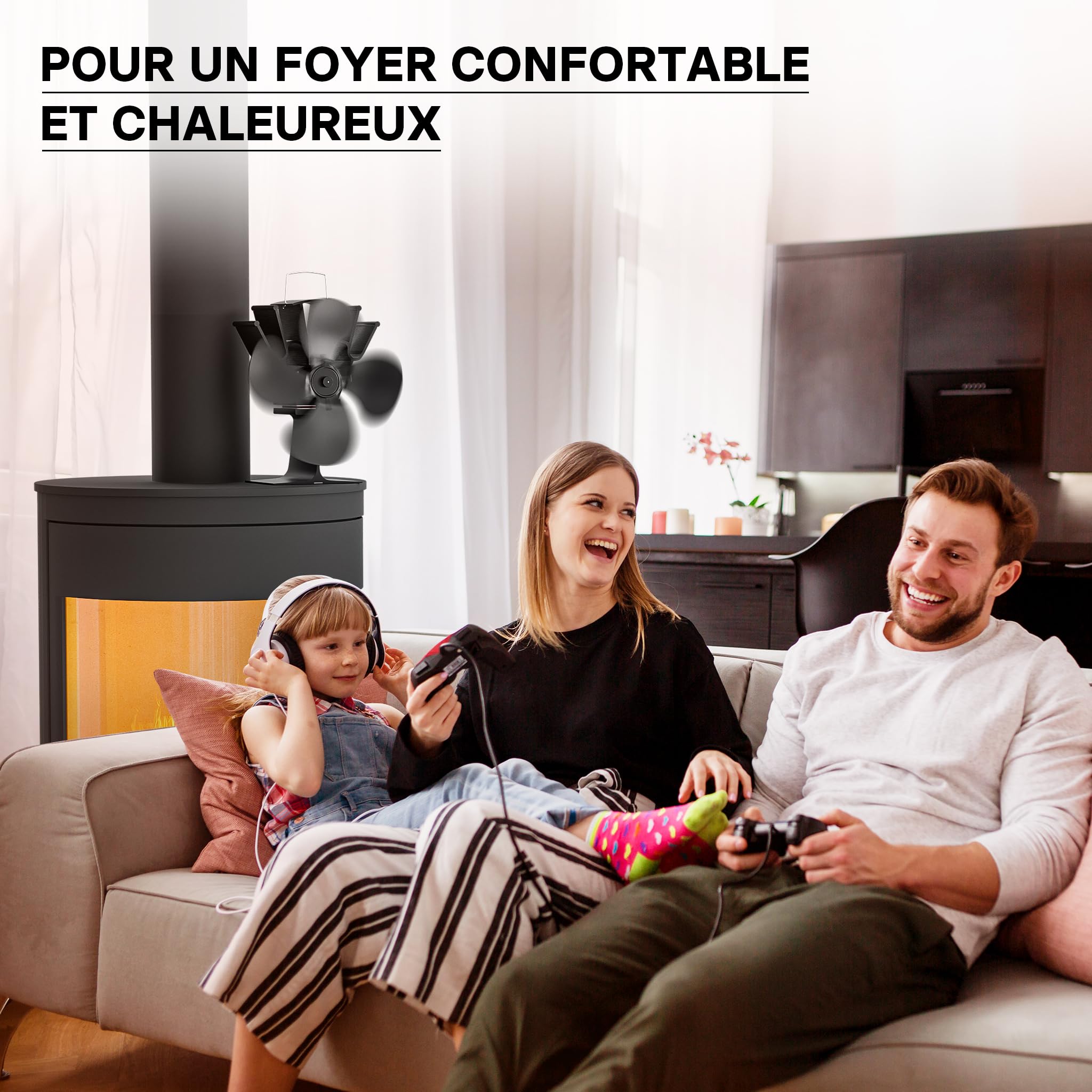 WilTec Ventilateur de poêle à bois – 4 Hélices – 1100 tr/min – 70-350 °C – Autoalimentation thermique par Chaleur Sans courant – Distribution homogène de chaleur de cheminée