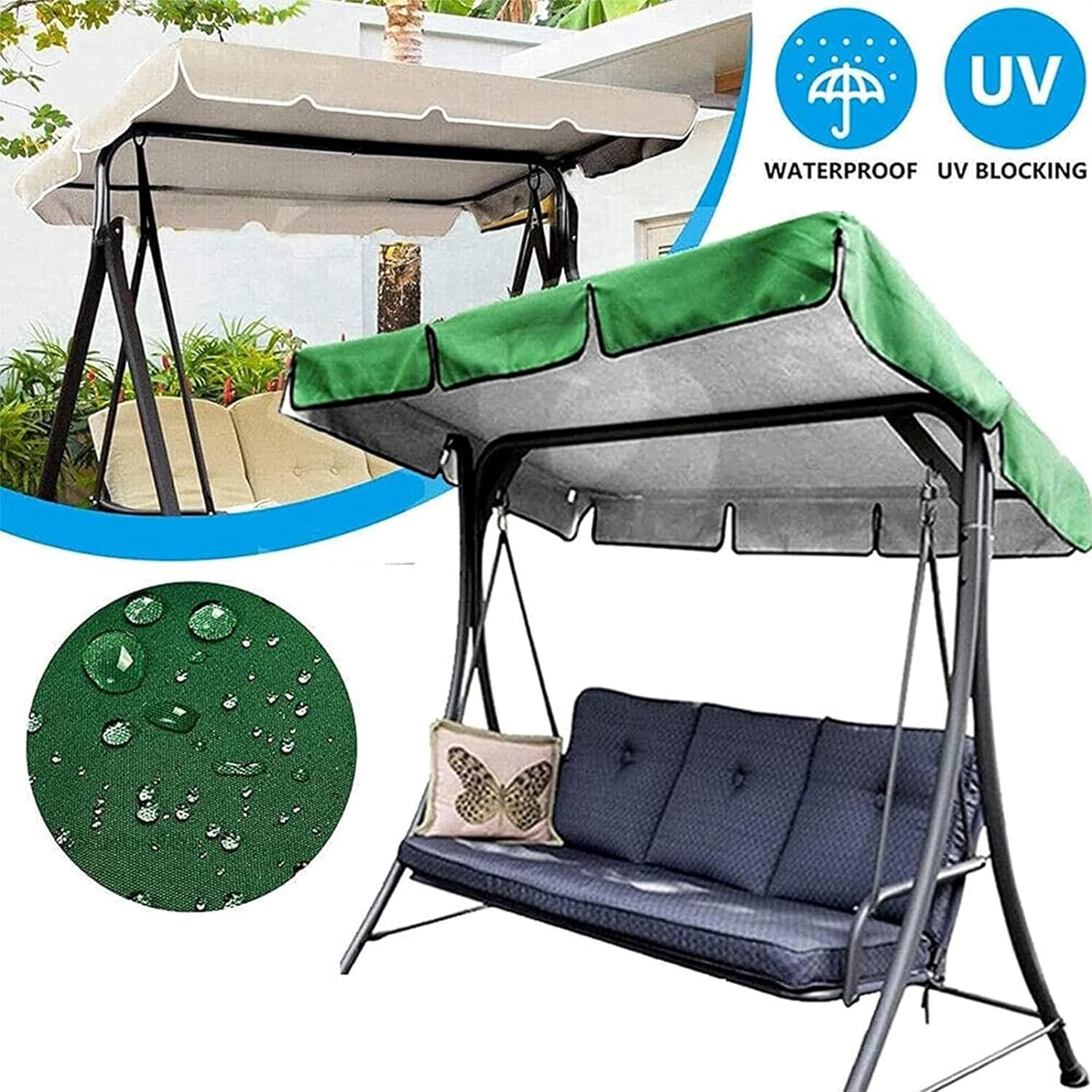 Patio Swing Canopy Waterproof Top Cover Cloth, Replacement Canopy Cover for 2/3 Seater Swing Chair, Outdoor Sunproof Chair Patio All Weather Protection Porch Swings,195 * 125 * 15cm