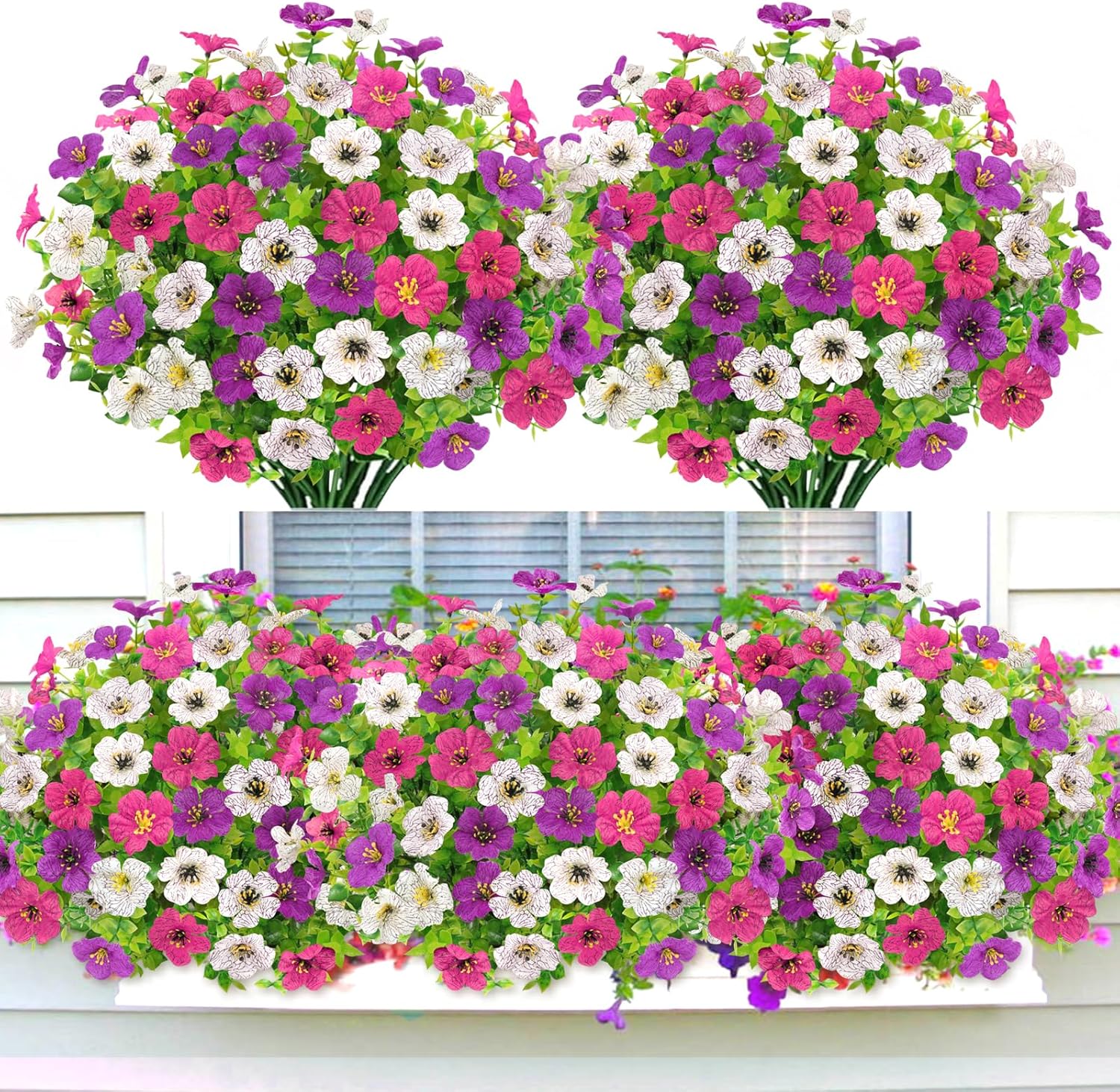 6 x Artificial Flowers Purple White Pink Artificial Flowers Plastic Fake Flowers Artificial Plants Decoration for Indoor, Outdoor, Balcony and Garden