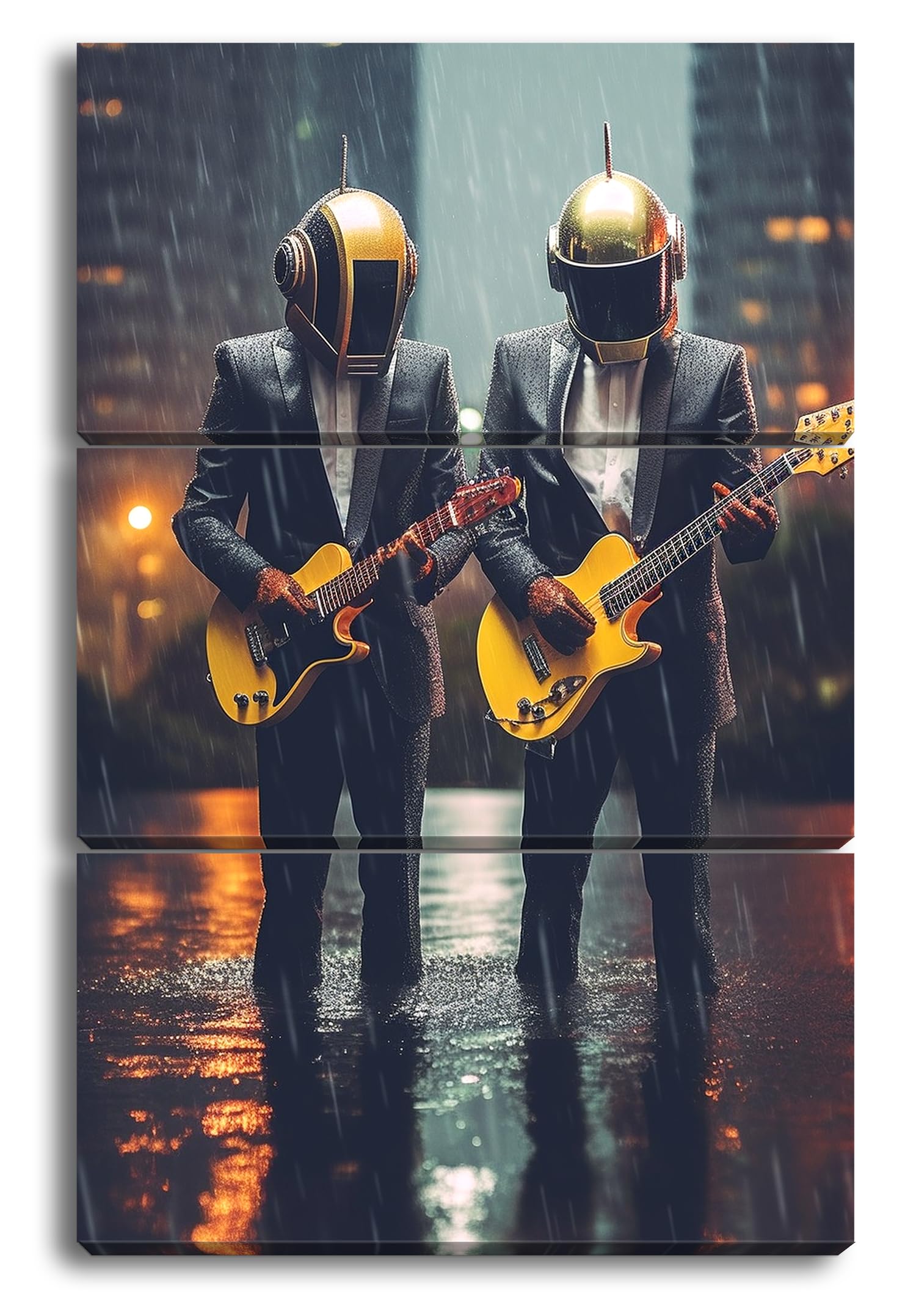 deyoli Musicisti futuristici: eleganza ed elettronica sotto la pioggia. Dimensioni: 120 x 80 cm (3 pezzi) Stampa artistica XXL su cornice in legno/pittura su tela/pittura da parete/decorazione del