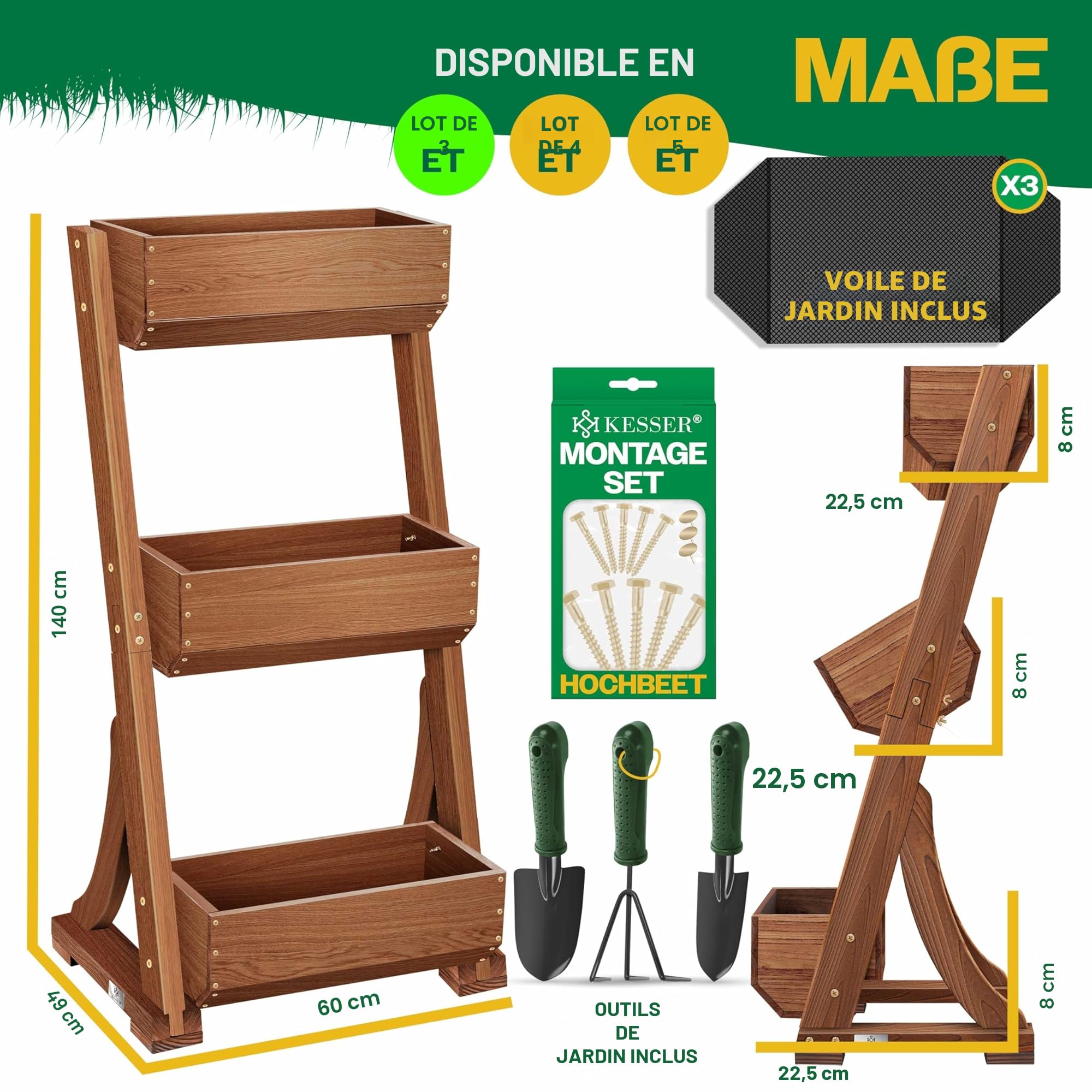 KESSER® Plate-Bande surélevée avec étages Premium Jardinière Étagère en escalier pour Fleurs Étagère en escalier pour plantations - Potager Parterre d'herbes Pots Plate-Bande (3 Sols, Brun)